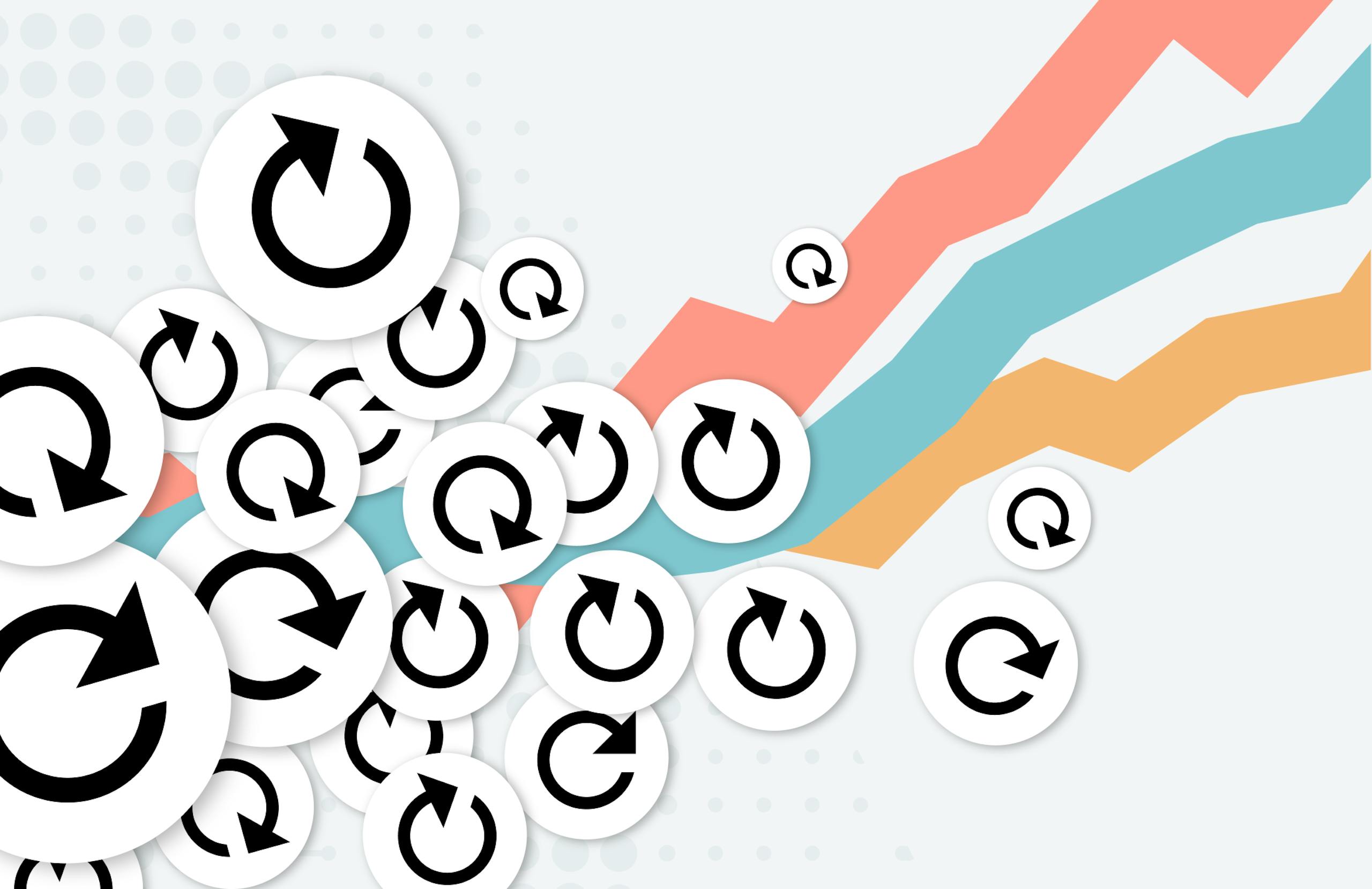 Circular arrow icons blooming into a line graph going up and to the right