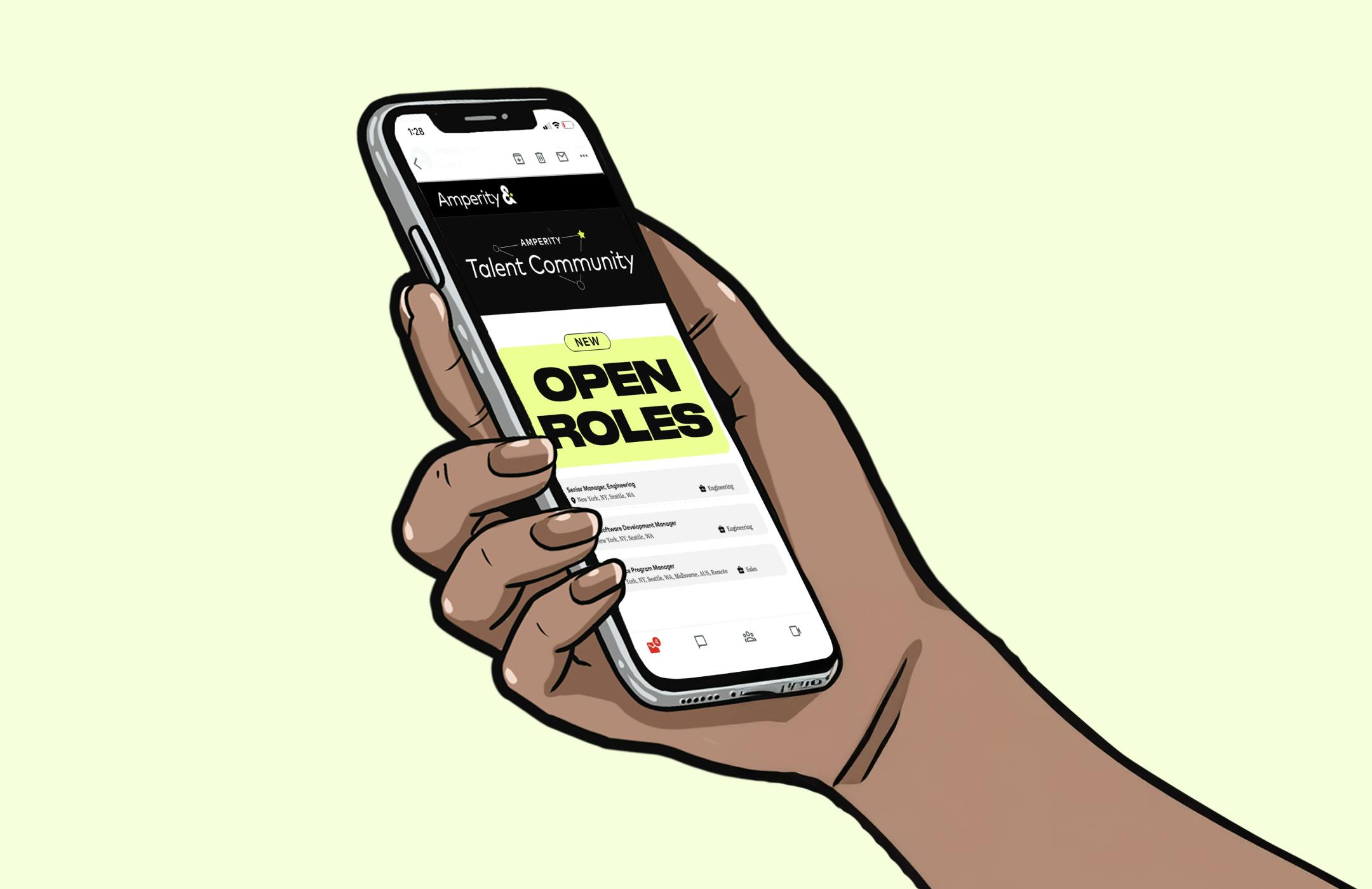 Hand holding a phone that saids open roles.