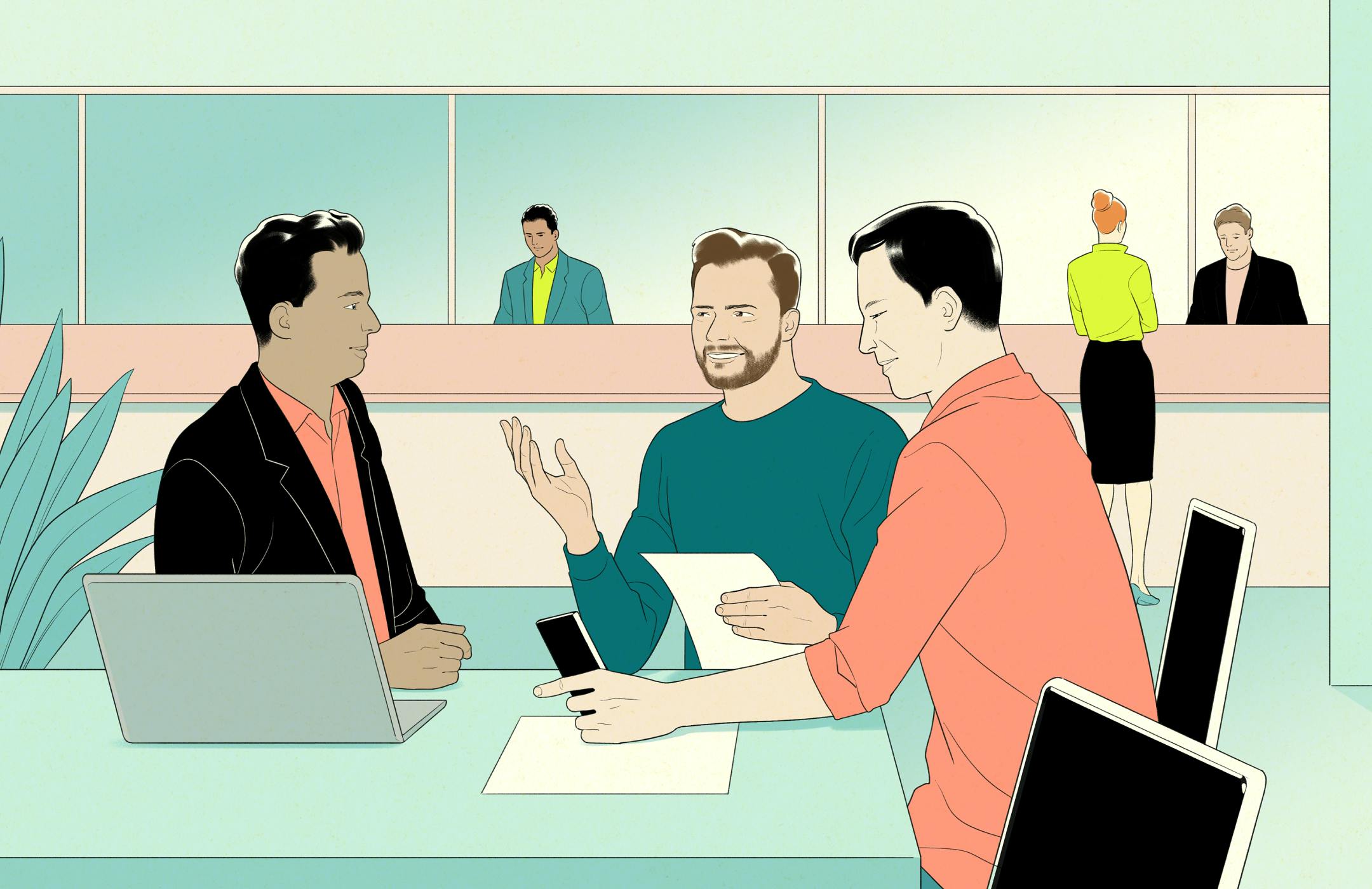 Illustration of three men collaborating at a desk in an office environment 
