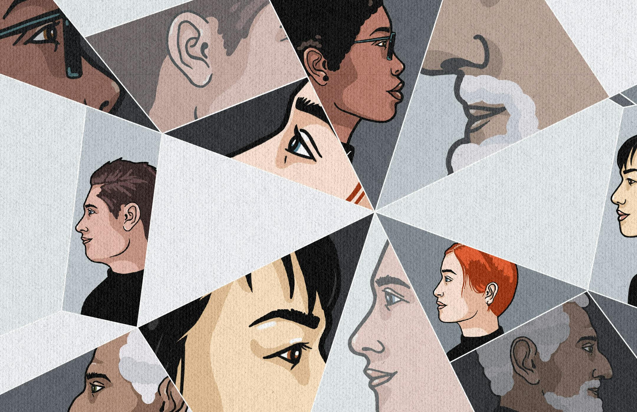 Illustration of multiple peoples' profiles in a fragmented gray-toned mosaic.