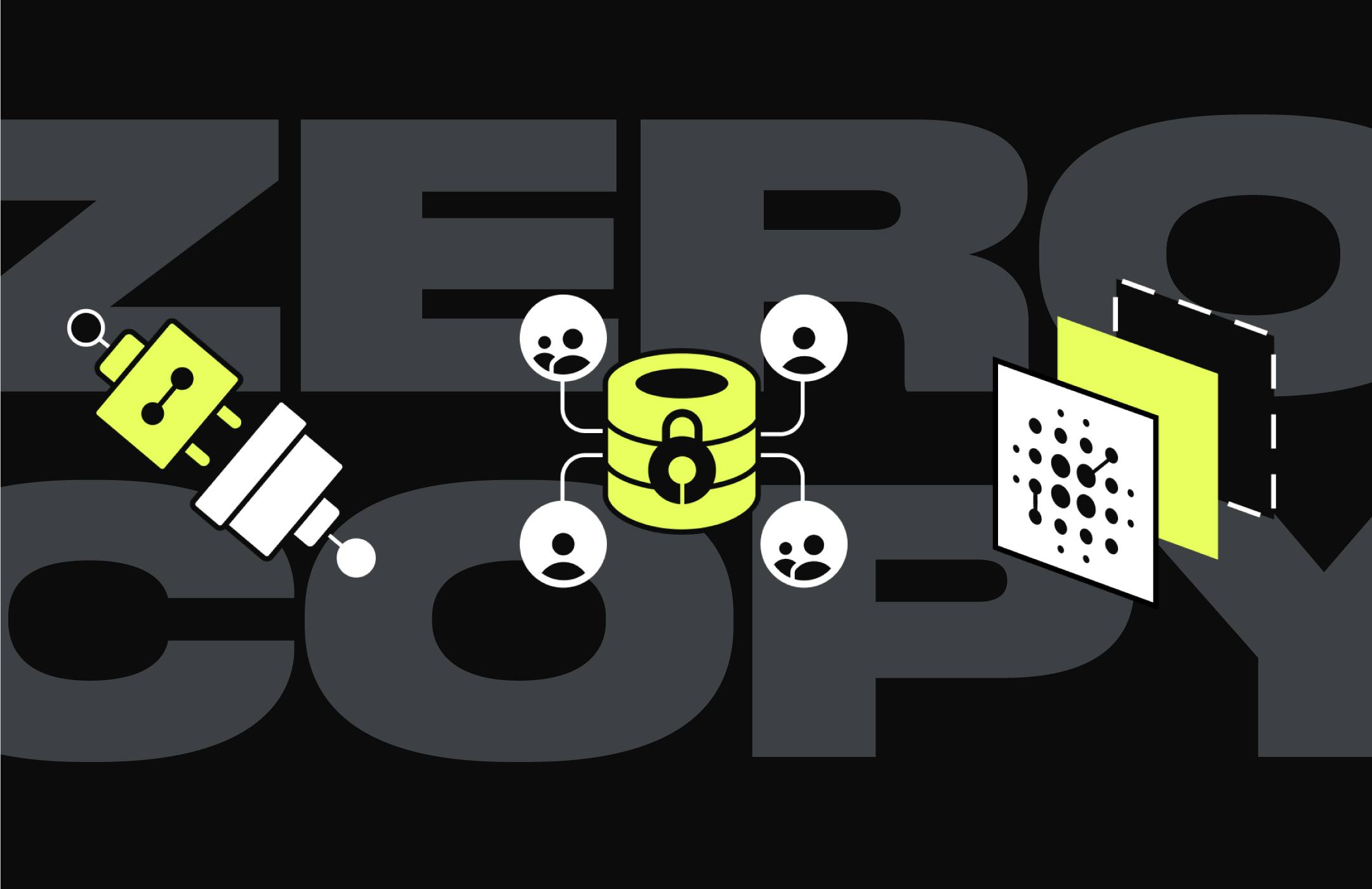Three icons representing composability, security, and minimizing complexity, against a backdrop with large font type reading ZERO COPY