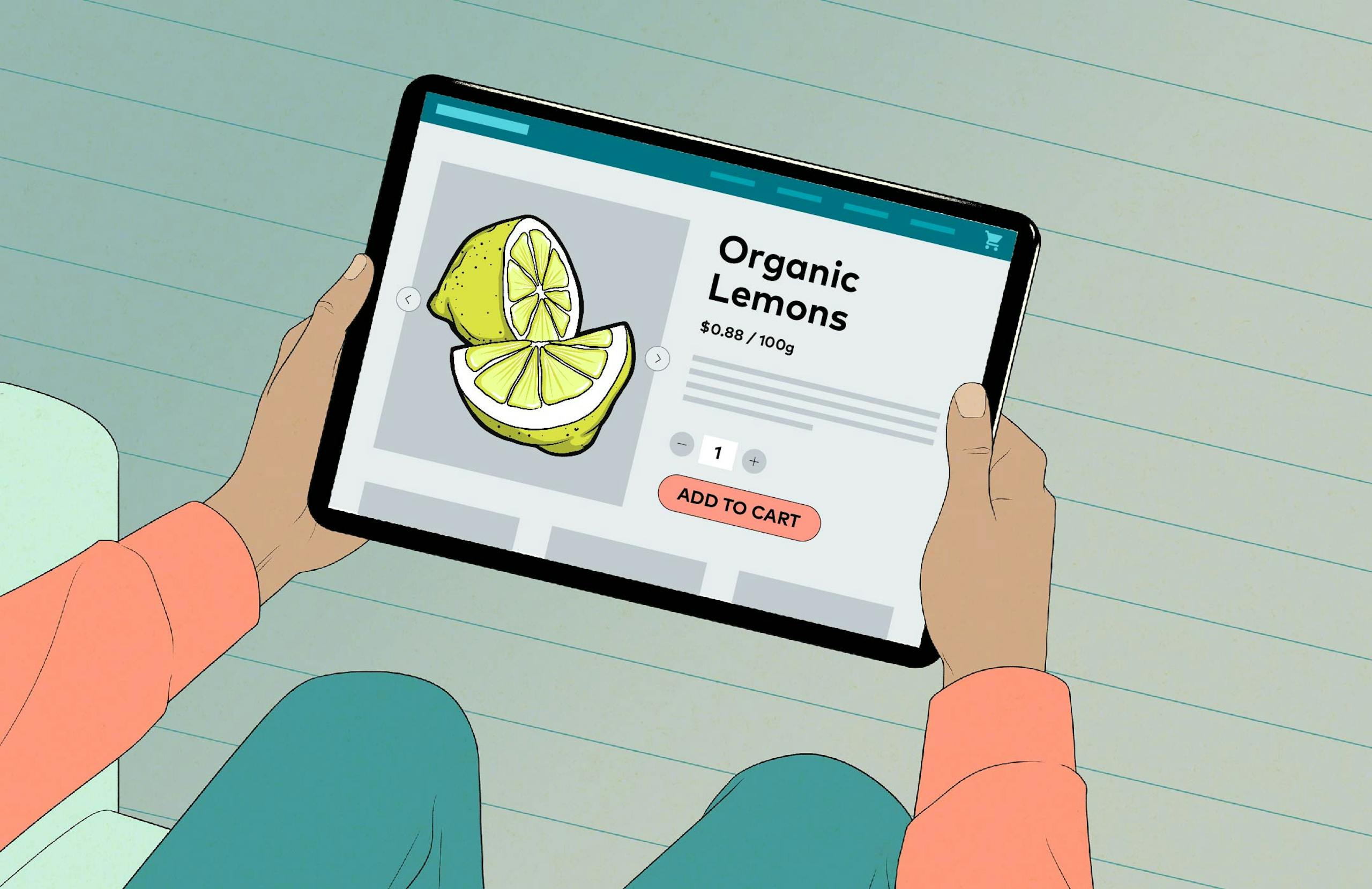 illustration of a person buying lemons on an iPad