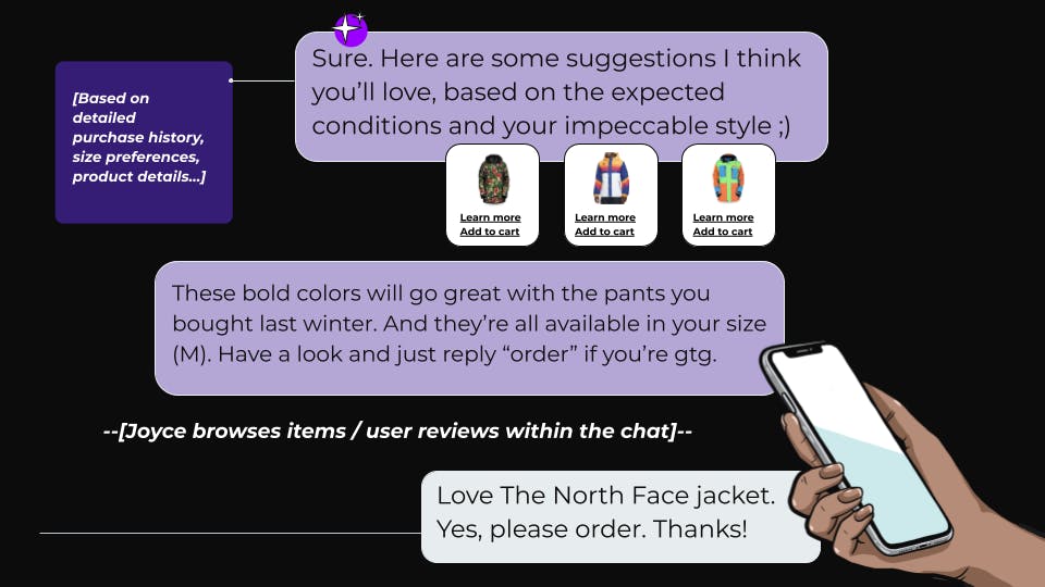 Simulated chat interaction with an AI assistant that can give target recommendations based on the user's purchase history.