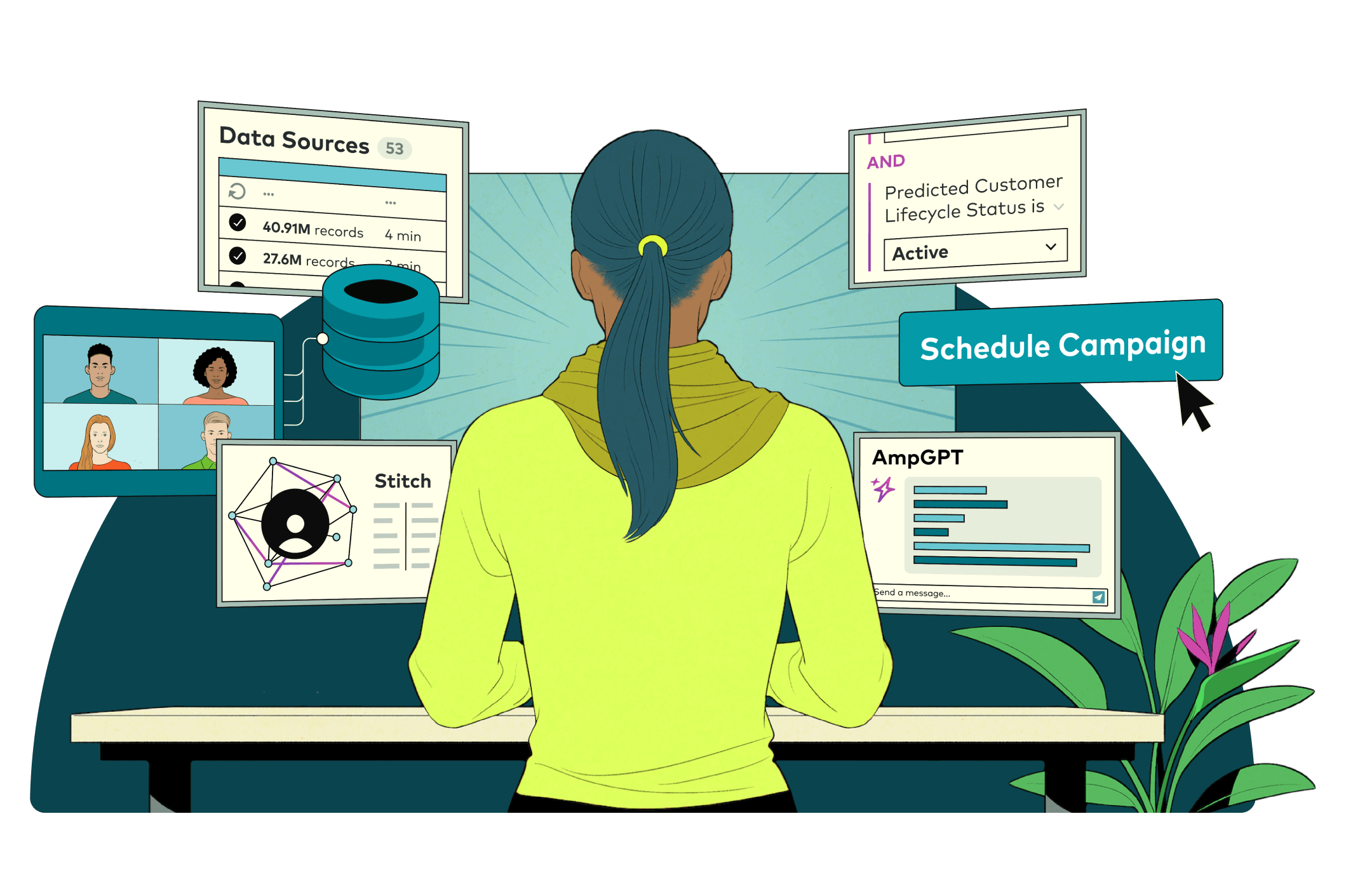 Illustration of woman at a work desk with simulated CDP product screens and elements around her.  