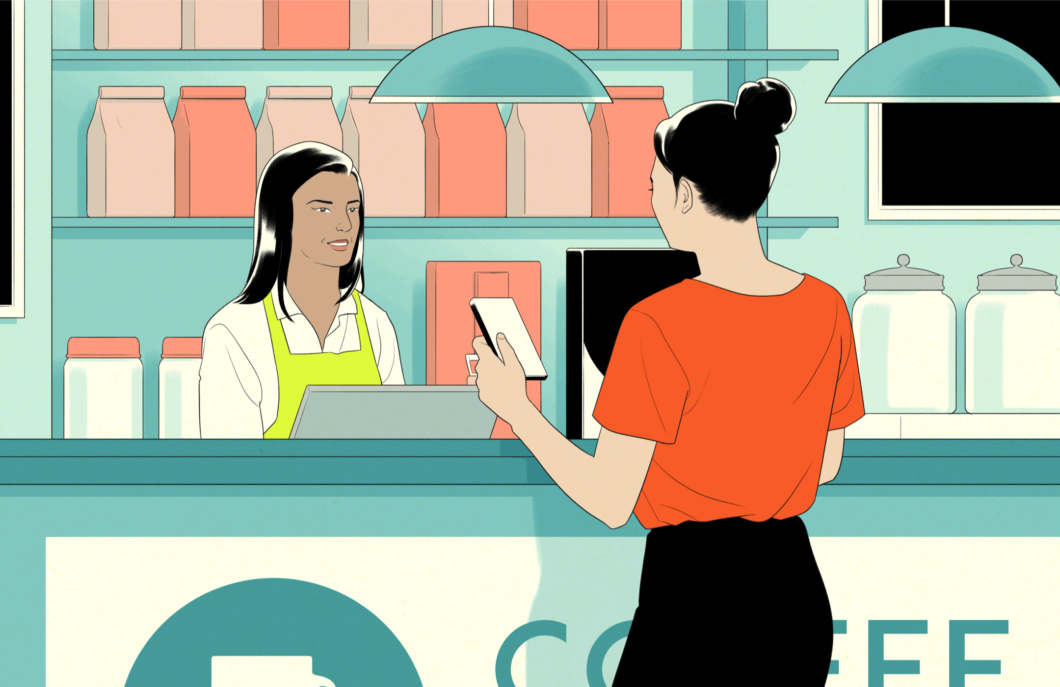 Illustration of a woman at a coffee counter interacting with a cashier