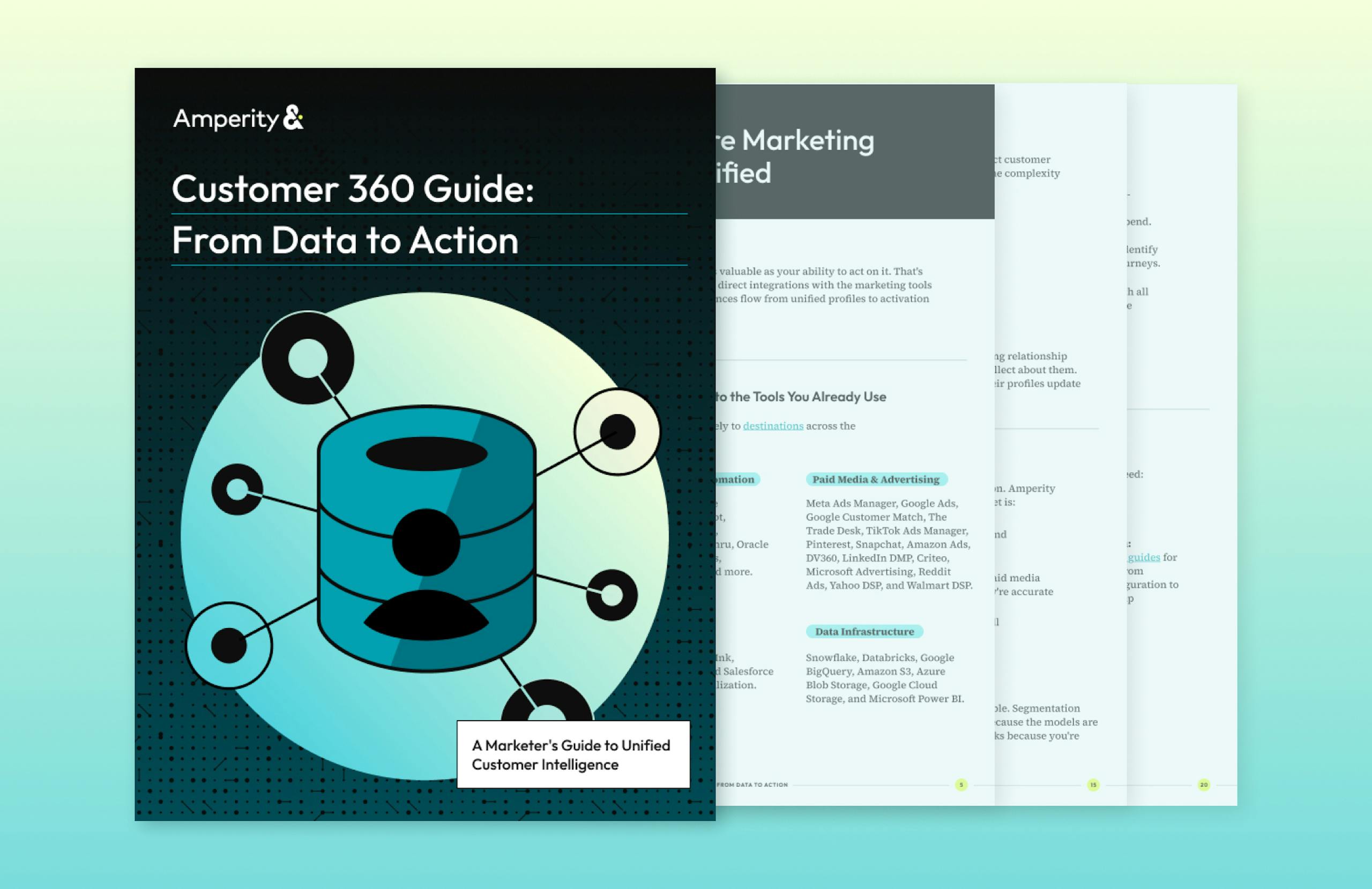  "Customer 360 Guide: From Data to Action" cover, showing a database connected to six nodes against a pastel yellow and teal background.