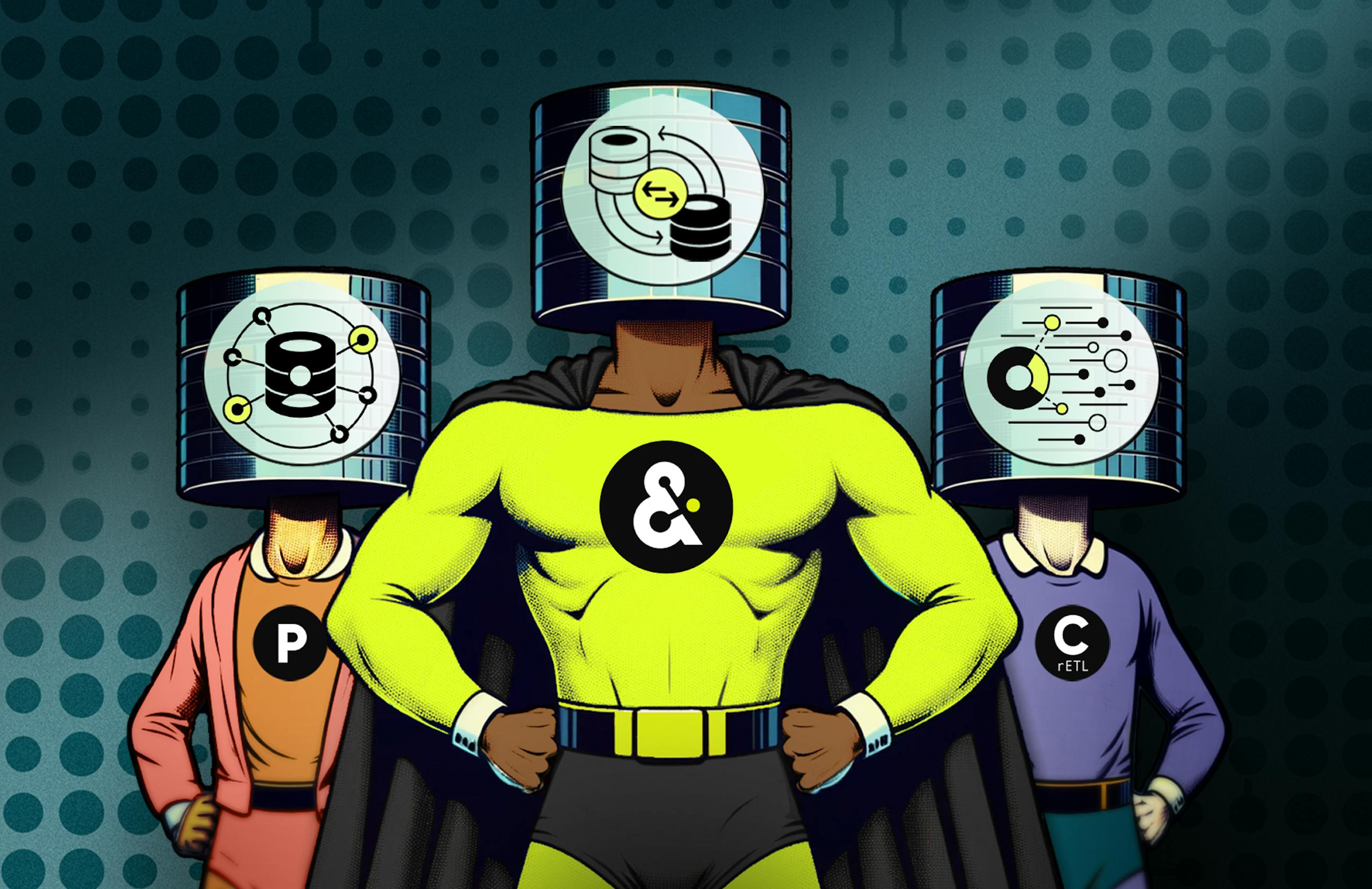 A superhero with a database for a head and an Amperity logo on his chest stands proudly and mightily in front of the frame. on his database is a circular icon that represents open sharing in a Data Lakehouse. Peeking out from behind him are two other superhero types, but scrawnier and less heroic, also with database heads. One represents Packaged CDPs, and the other represents Composable CDPs.