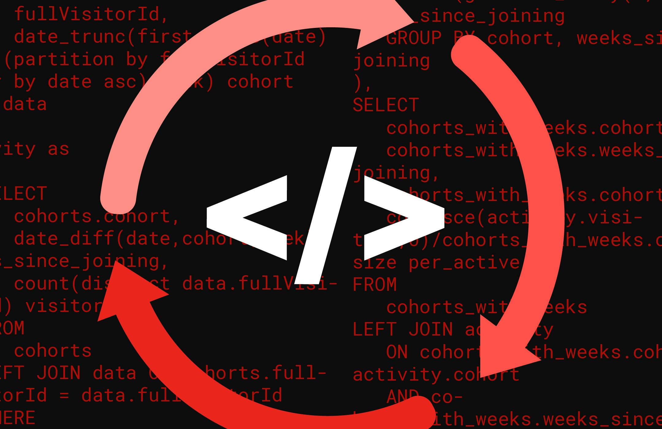An illustration depicting three curved arrows forming a circle overlaying repetitive blocks of code.