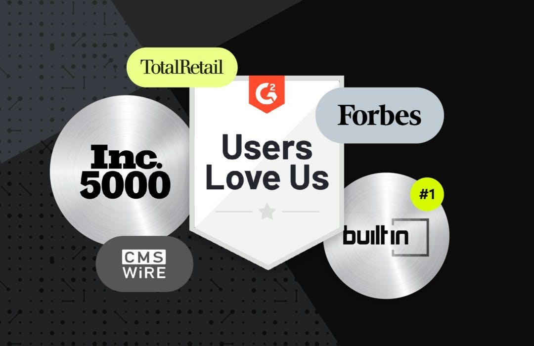 Various badges from Forbes, Inc 5000, and more surrounding a G2 "Users Love Us" shield.