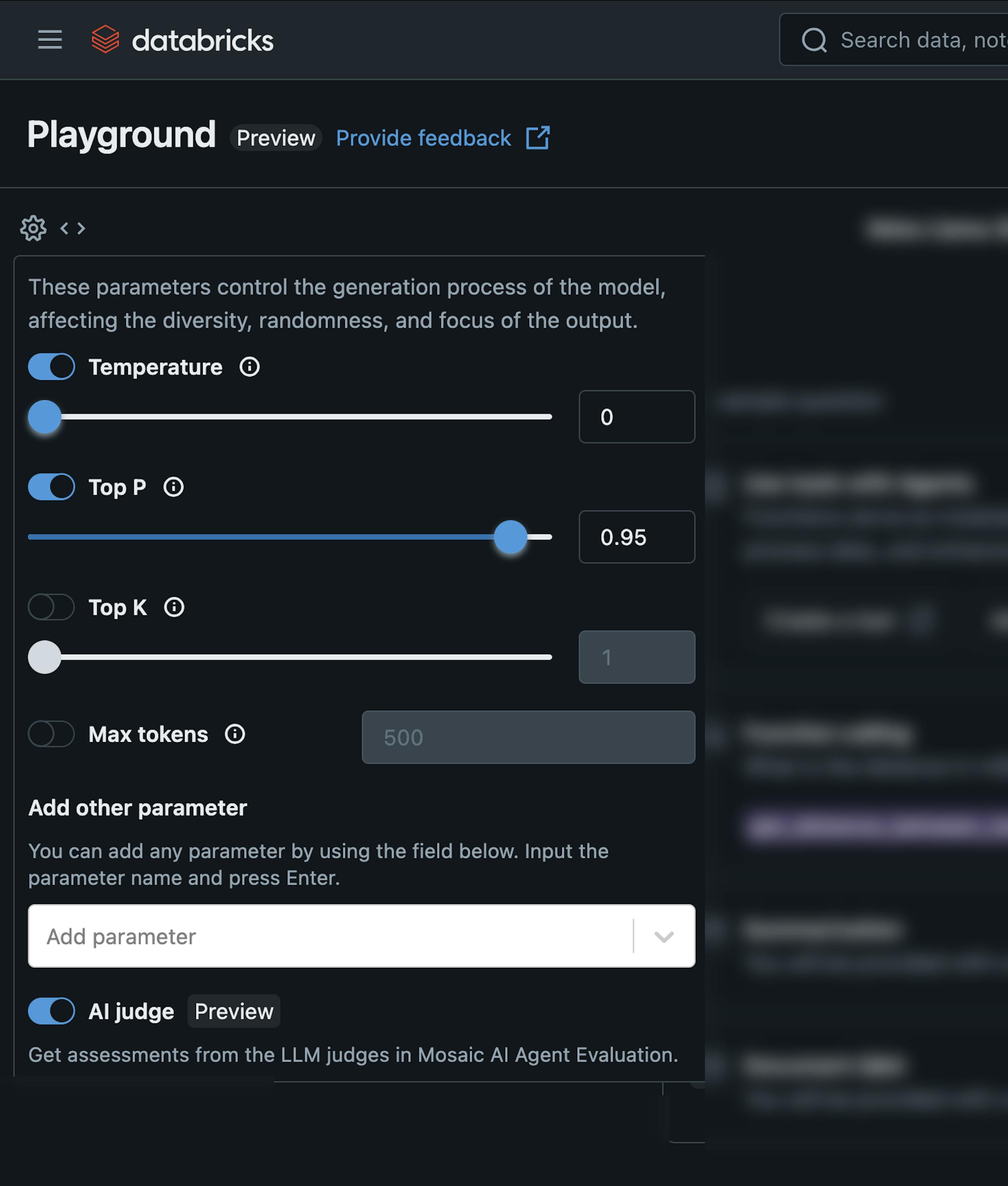 Configuration options available for models within the Databricks AI Playground, including "Temperature", "Top P", and "Top K".