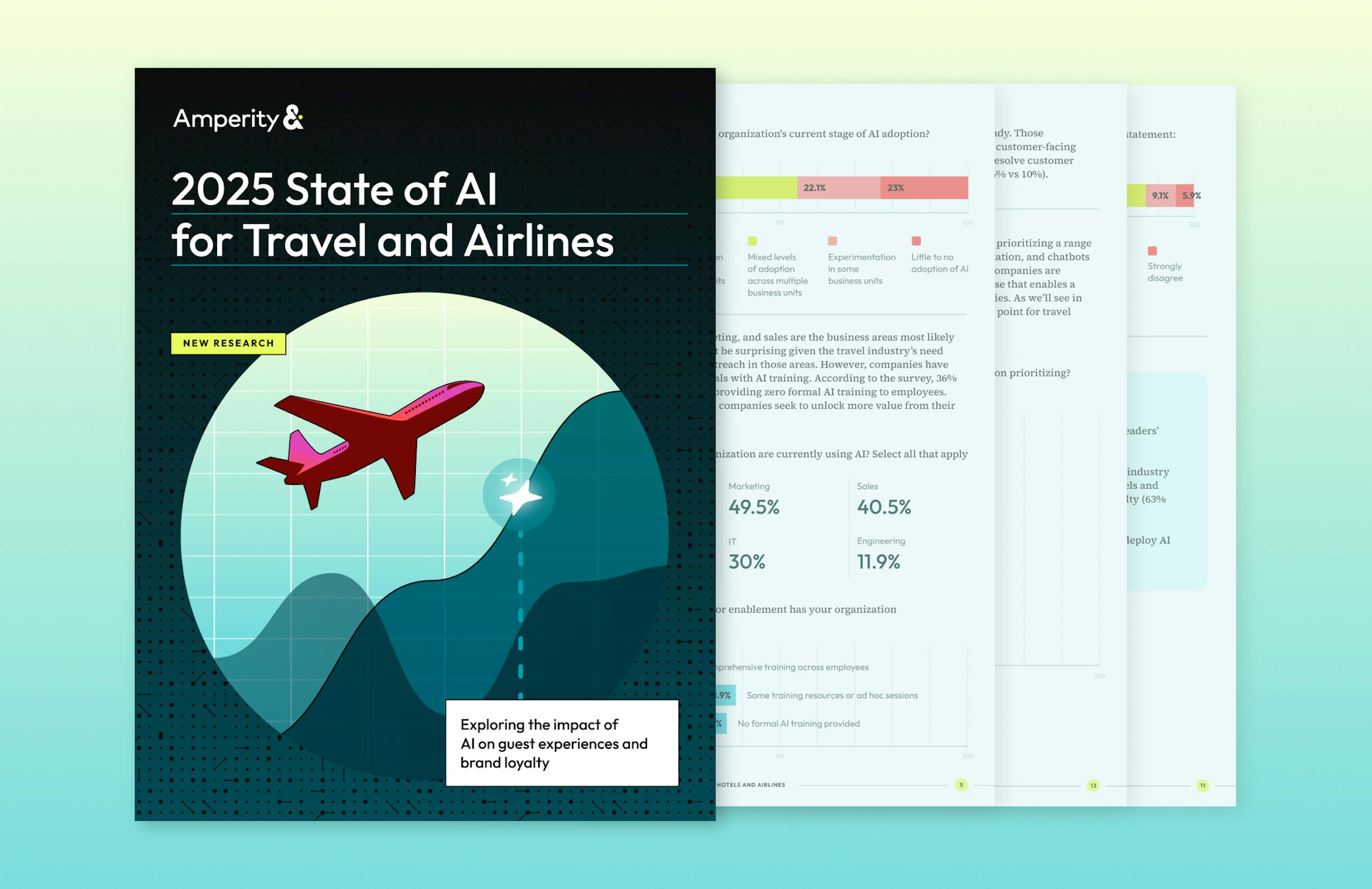 2025 State of AI for Travel & Airlines guide, new research from Amperity. The cover shows a magenta airplane in flight against a teal graph.
