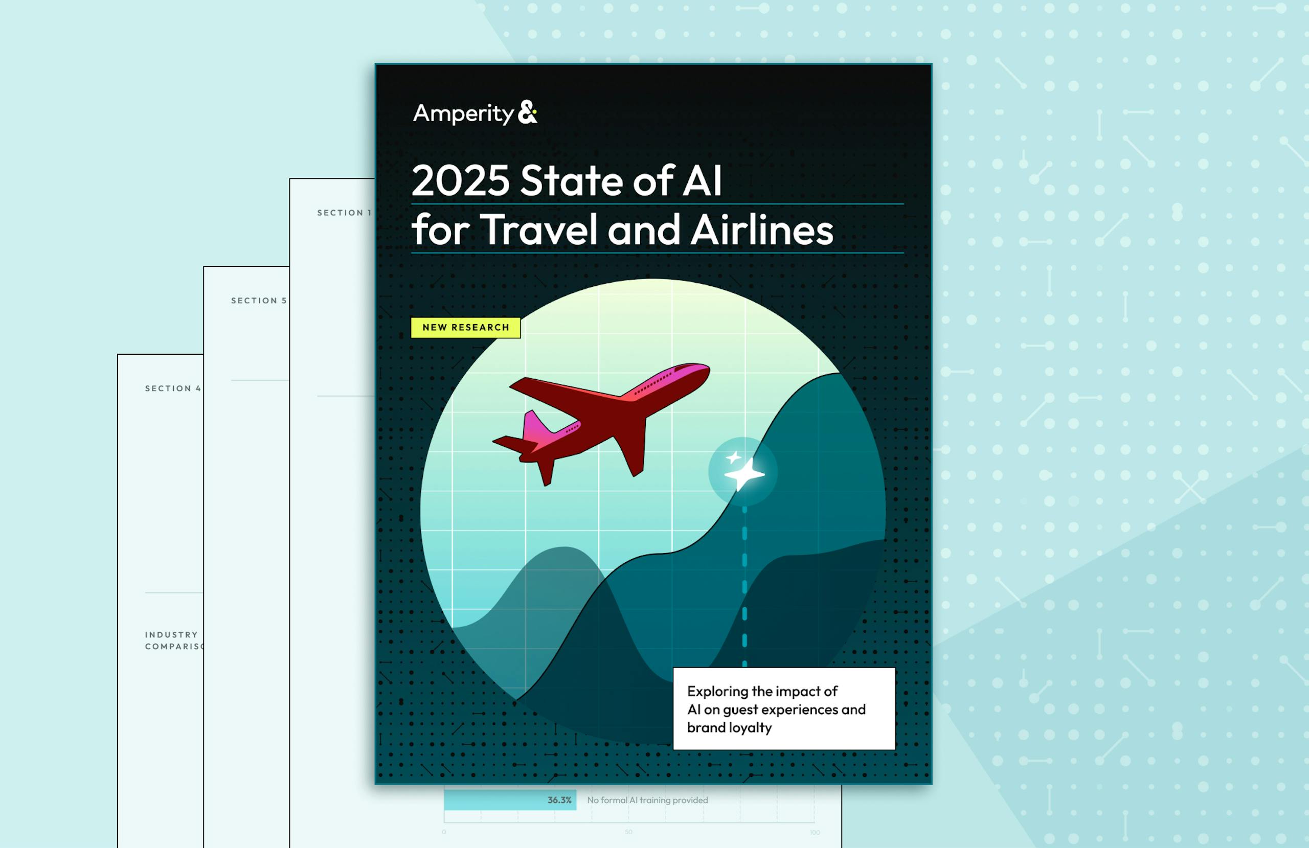2025 State of AI for Travel & Airlines guide, new research from Amperity. The cover shows a magenta airplane in flight against a teal graph.