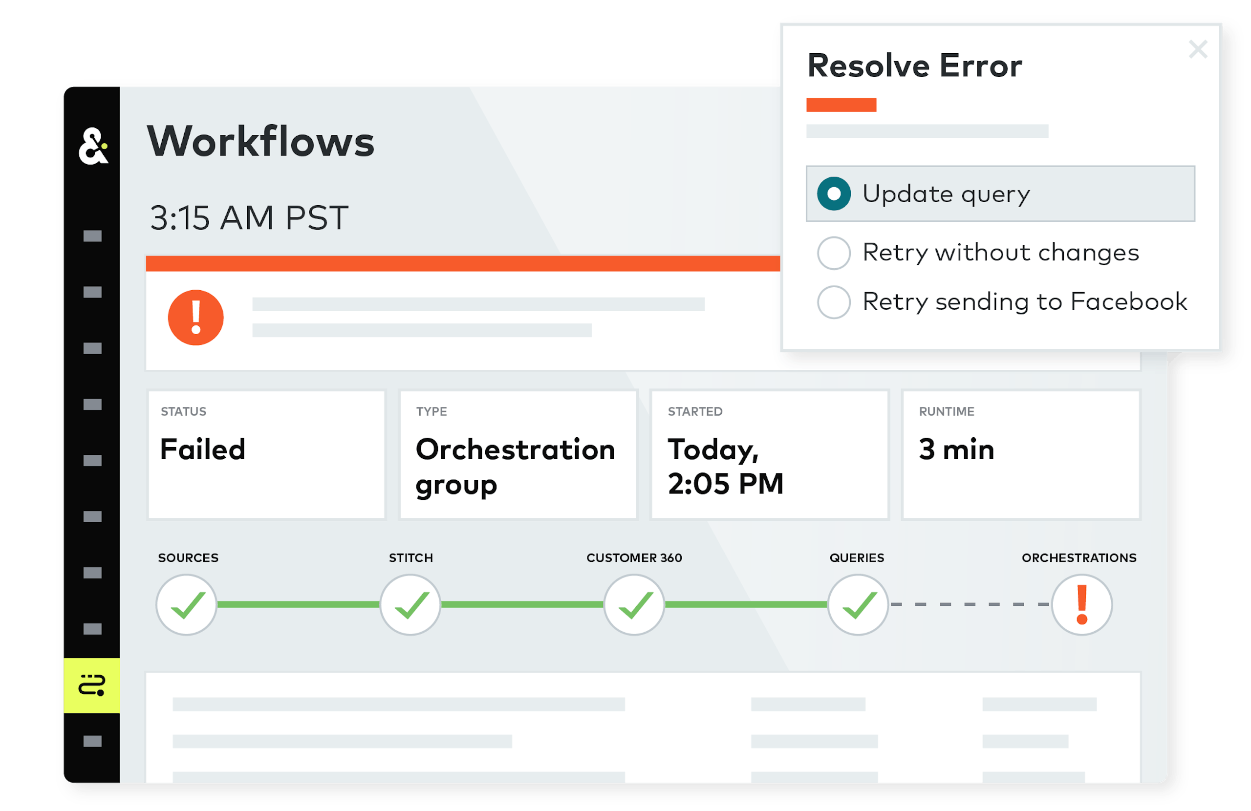 Amperity Workflows screen displaying a workflow that has failed, with an option to resolve the error through several options.