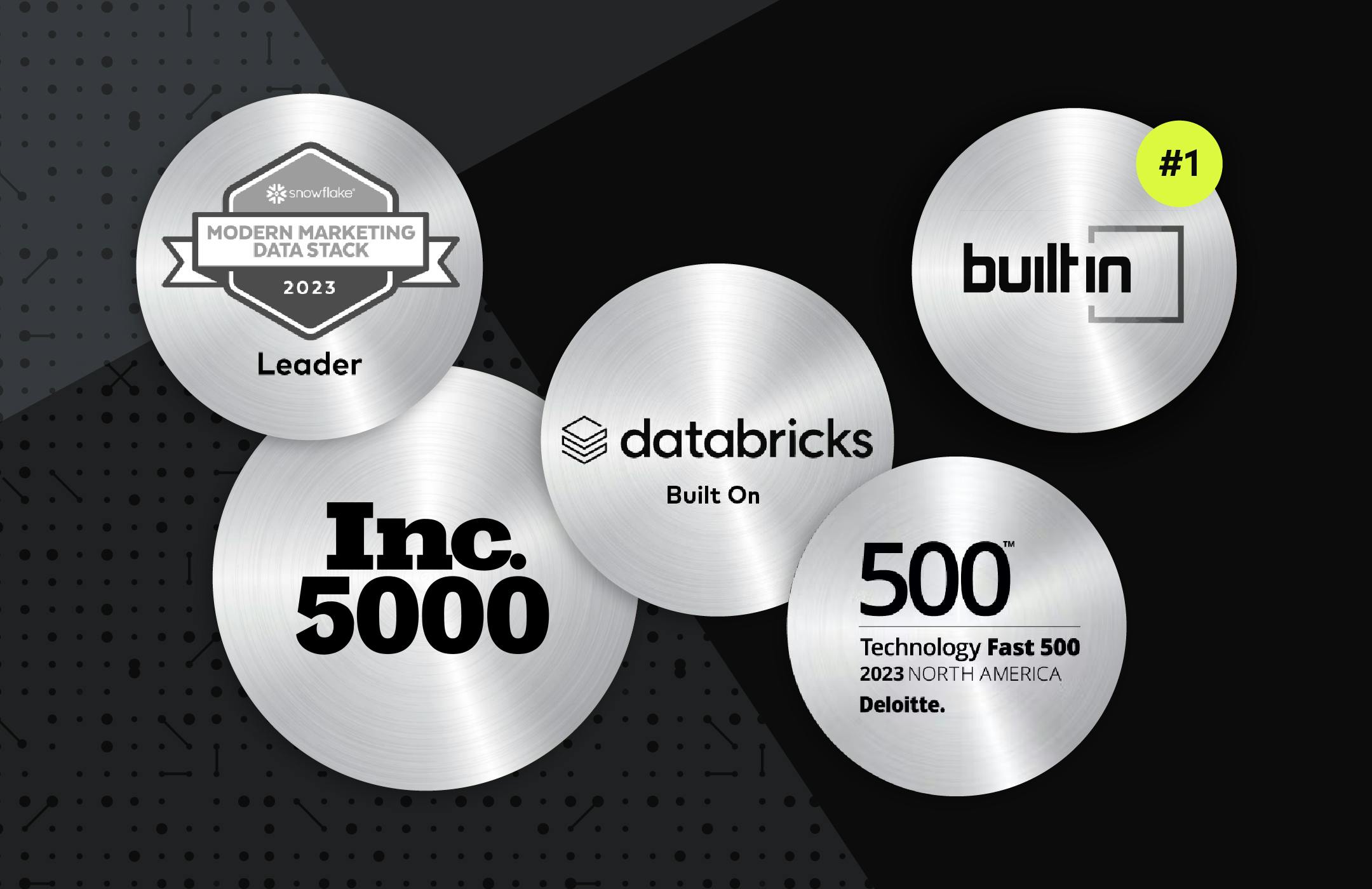 Collection of awards from Databricks, Inc5000, BuiltIn, and more.