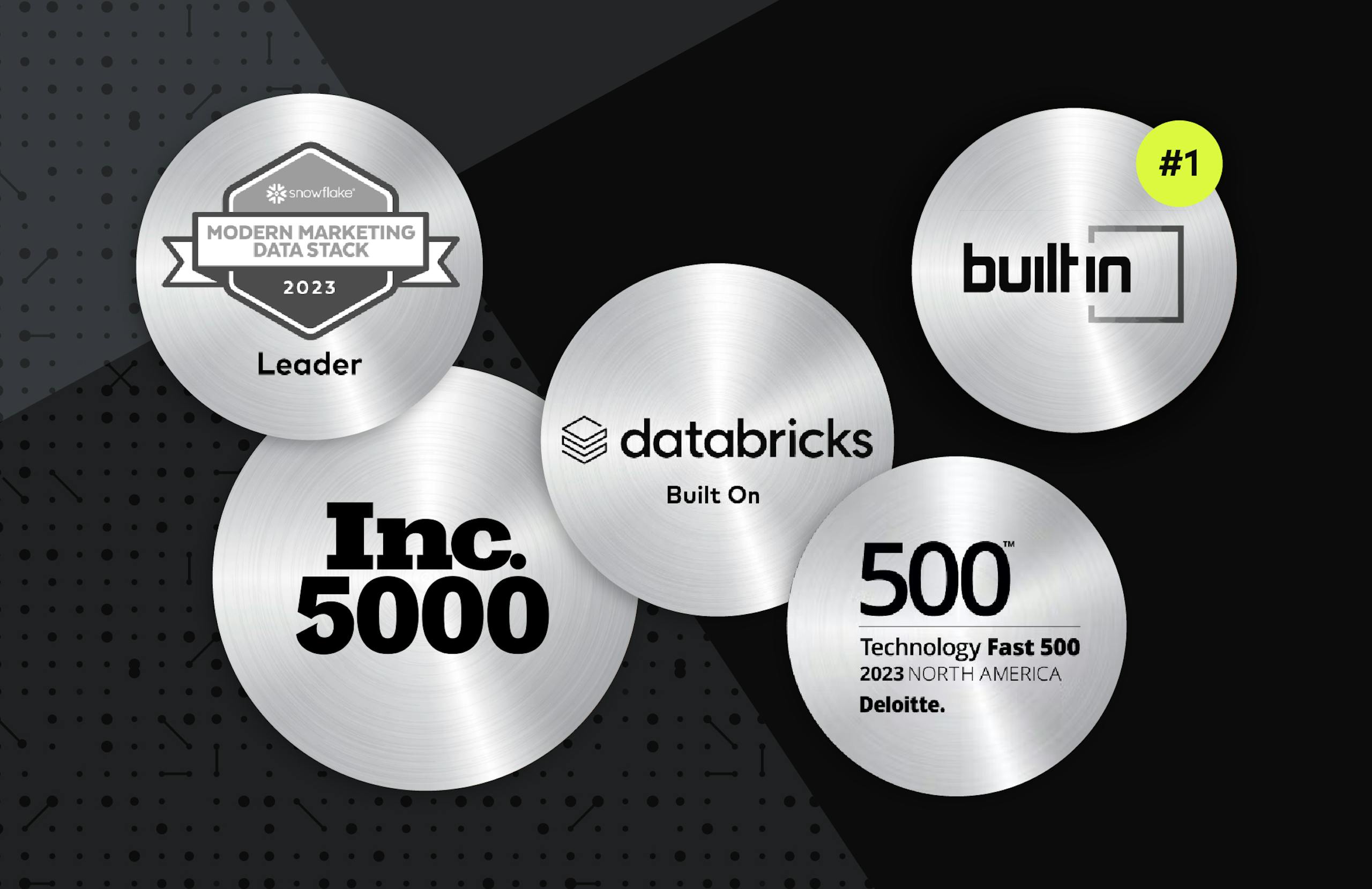 Collection of awards from Databricks, Inc5000, BuiltIn, and more.