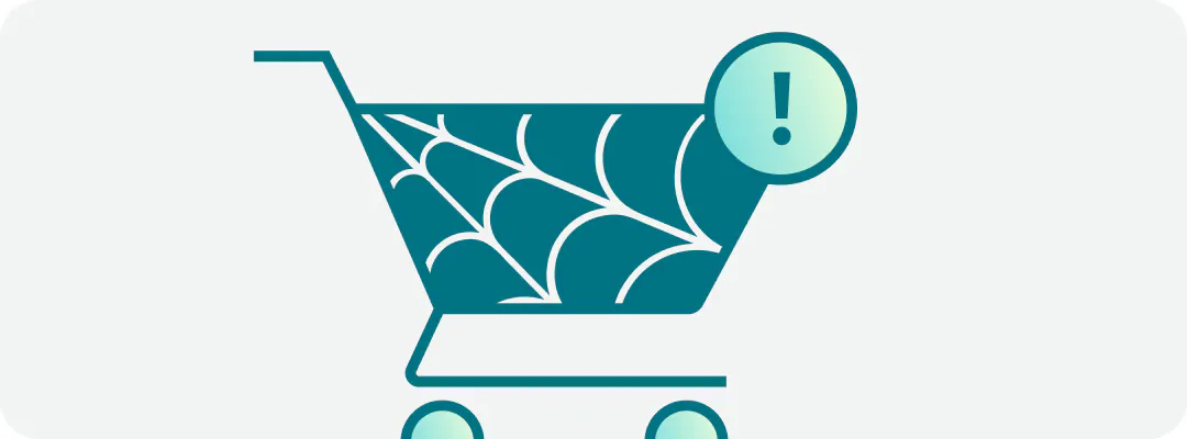Shopping cart with cobweb pattern and exclamation mark