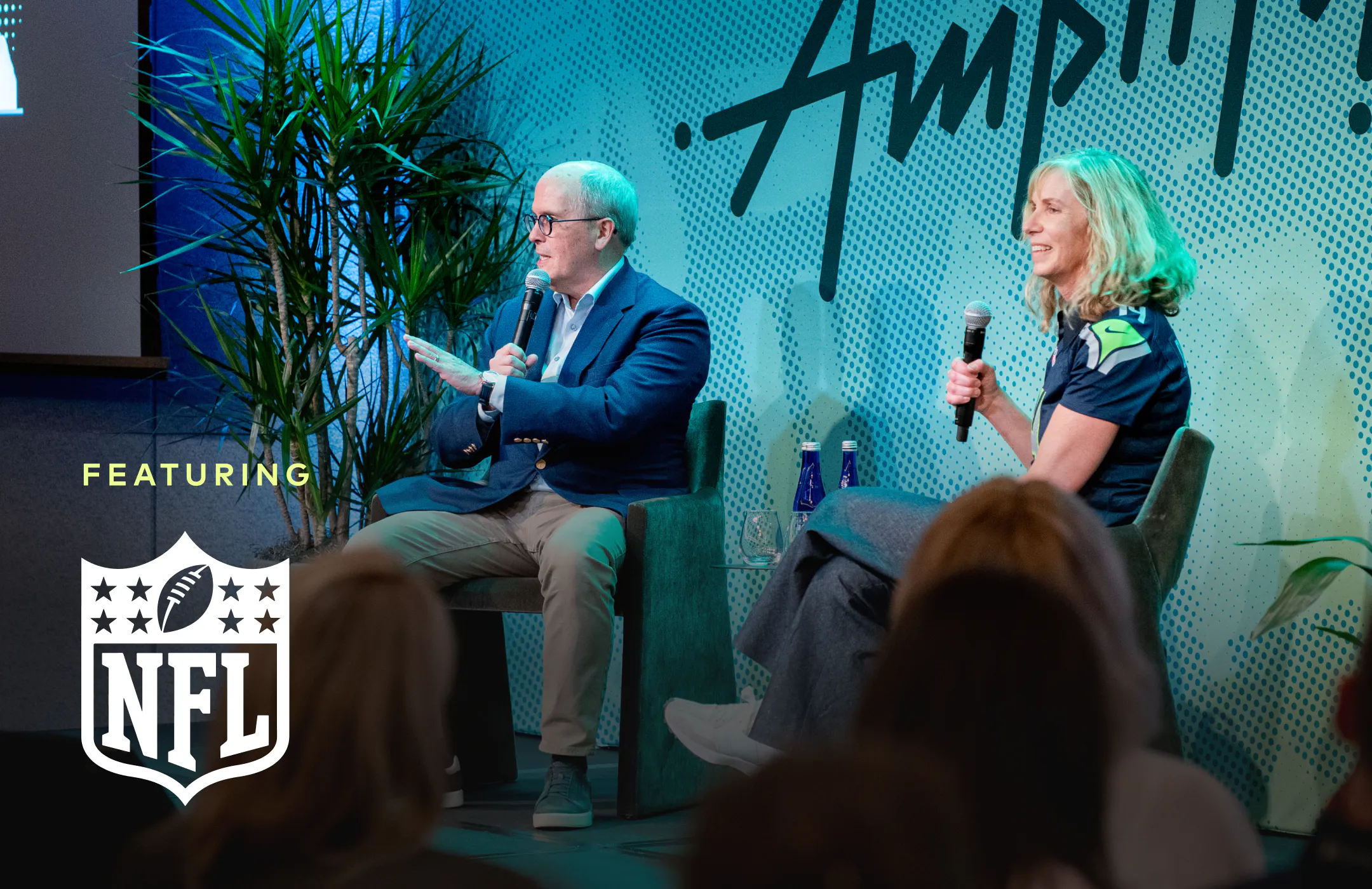 Paul Ballew from the NFL and Bridget Perry onstage at Amplify 2026.
