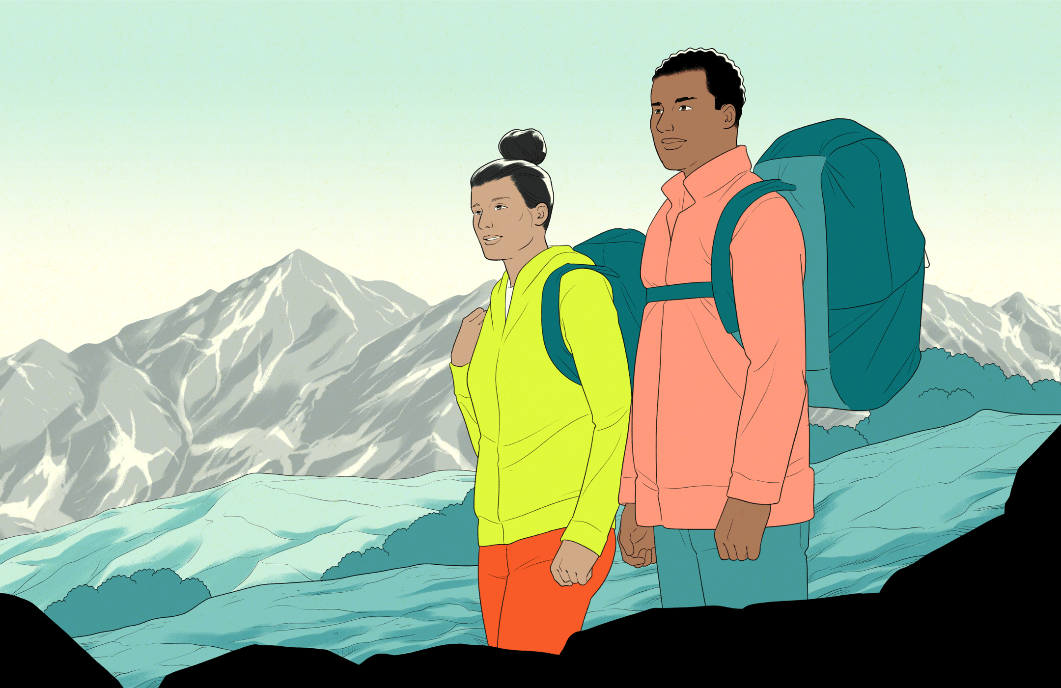 Illustration of two people hiking