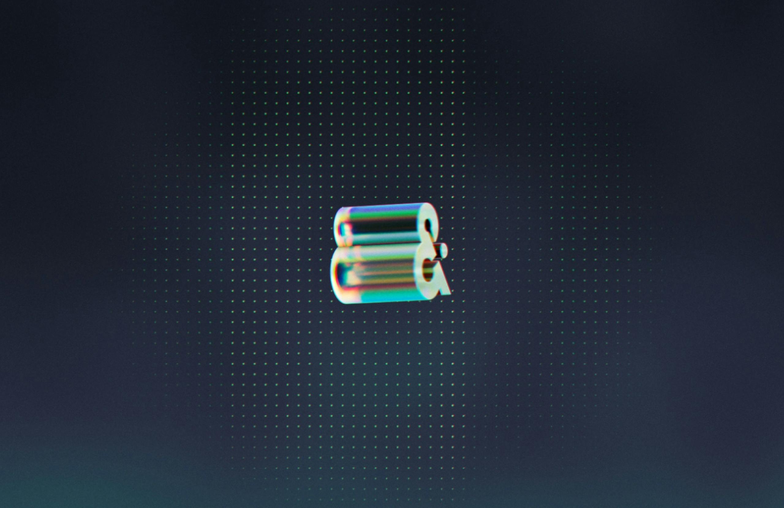 A 3D rendering of the Amperity logo in translucent pastel blue, pink, and yellow hues on a dark muted blue background.