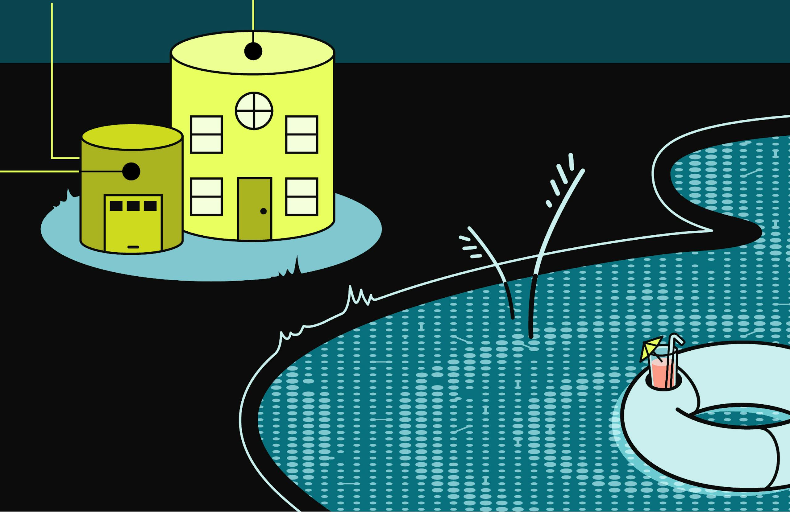 A data lakehouse, depicted with a warehouse on the shore of a lake. There is an innertube with a cocktail in the lake to suggest the easier life that awaits lakehouse users. 
