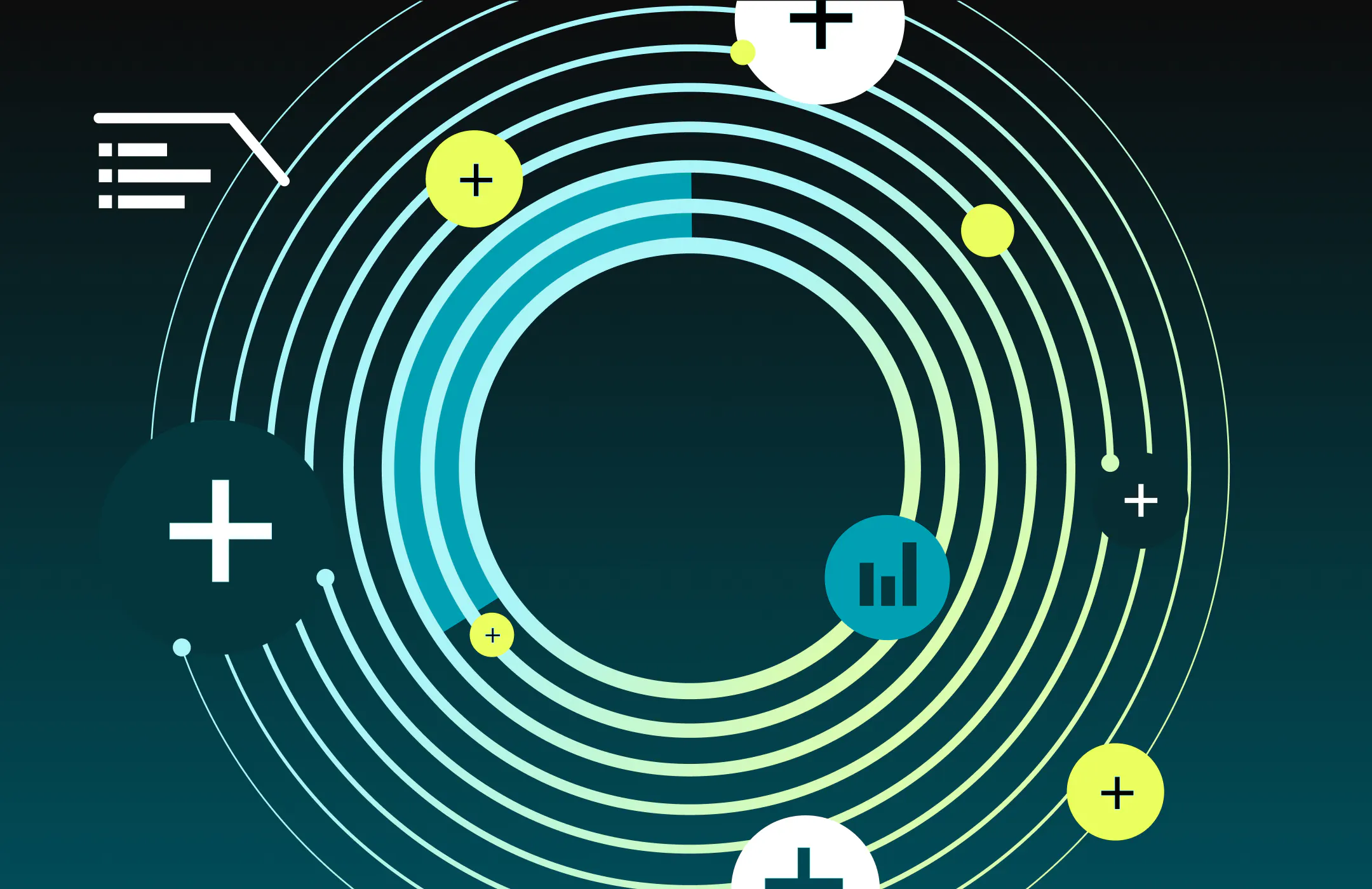 Graphic depicting insights and analytics: orbs of plus symbols and bar graphs overlapping concentric circles.