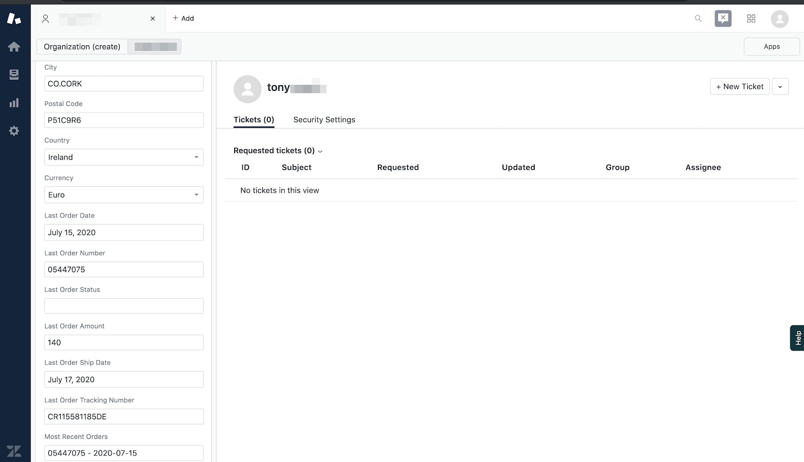 Sandbox environment in Zendesk showing customer information
