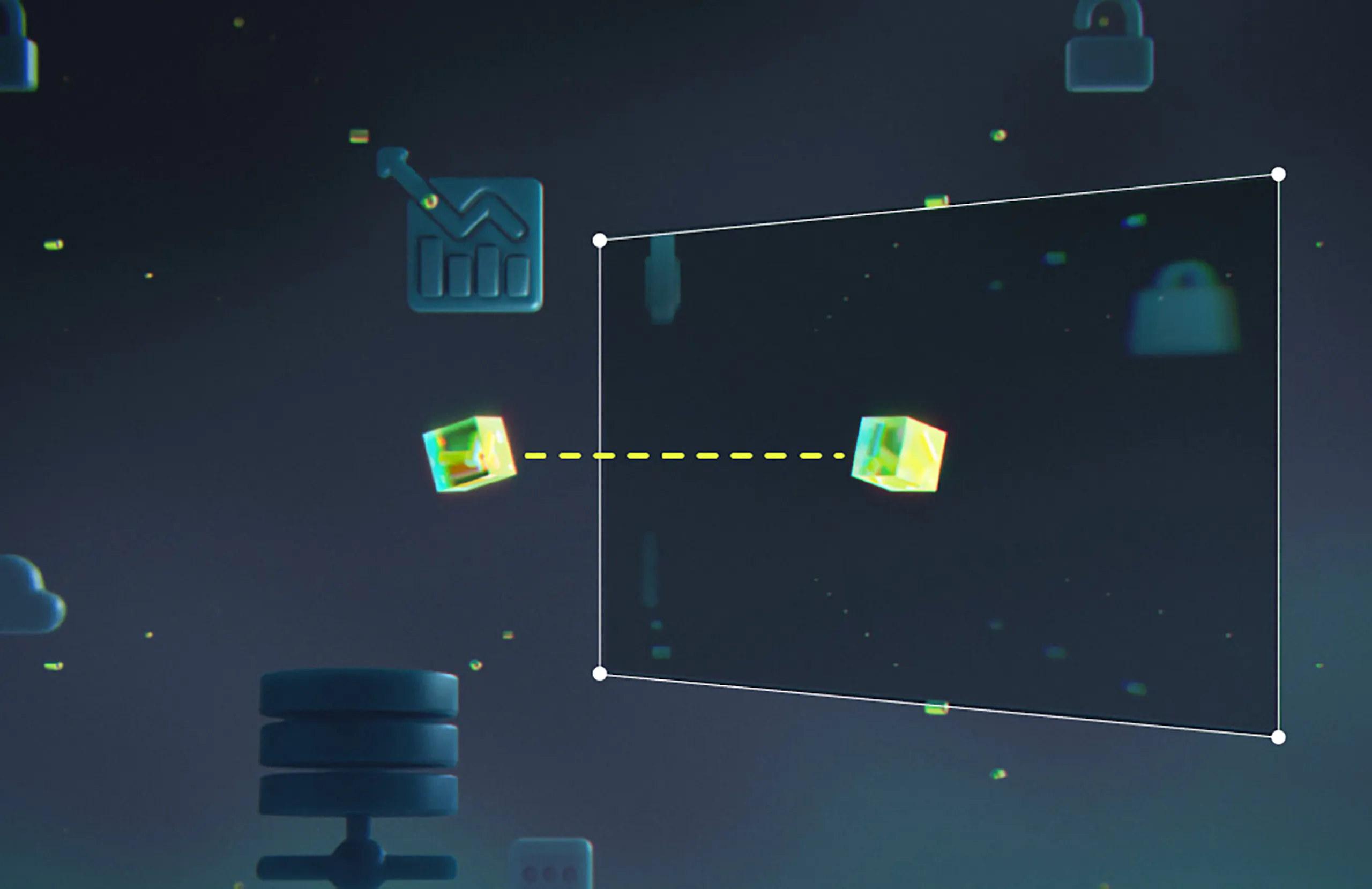 Rendering of yellow translucent cubes floating in a dark blue space