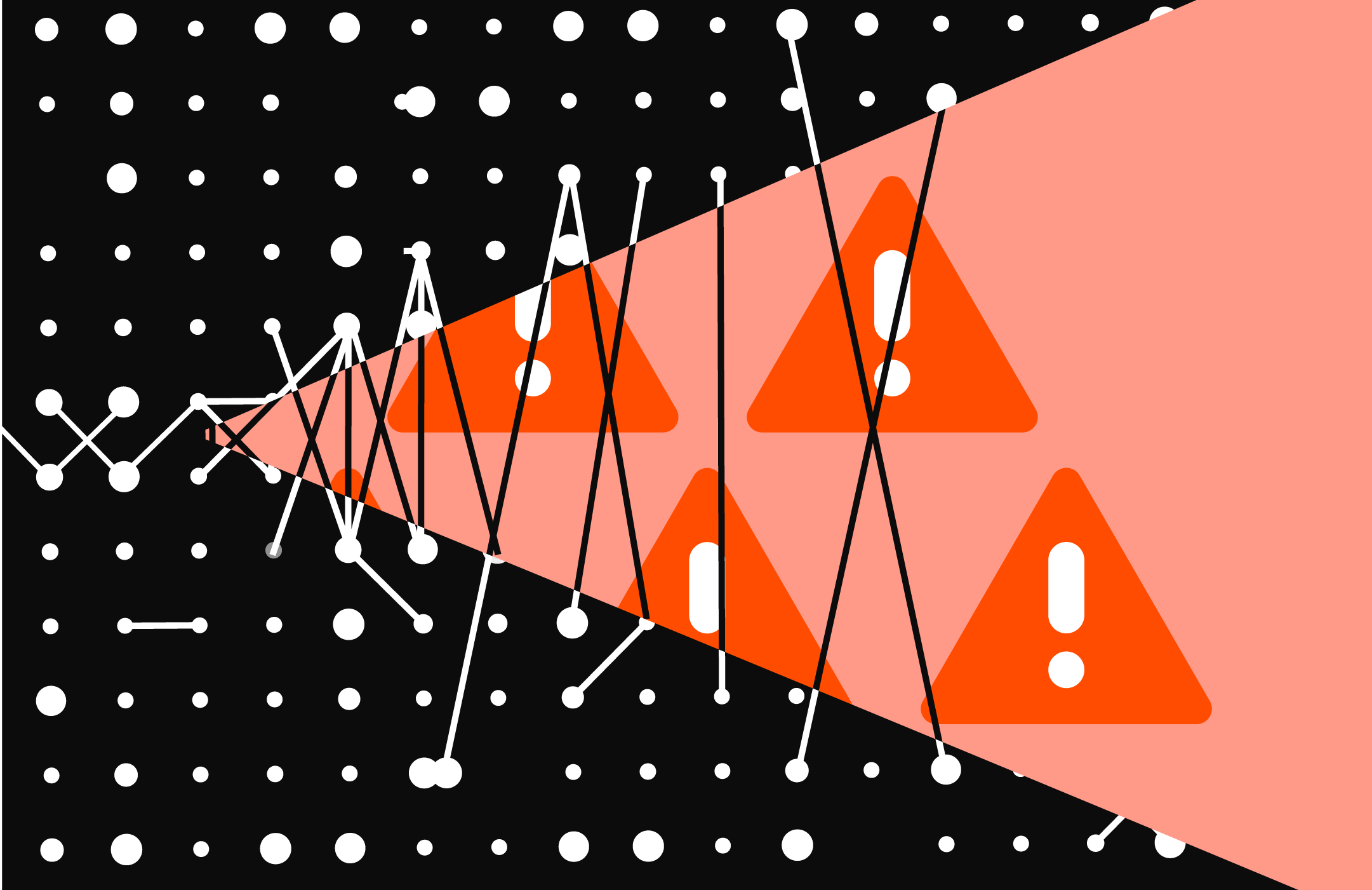Red triangular icons containing exclamation marks against a black data wave background