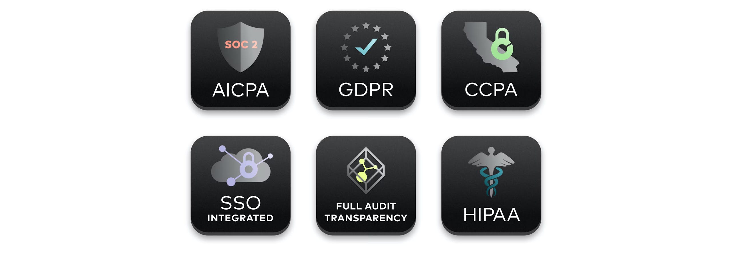 Badges of our security credentials - SOC2, GDPR, CCPA, SSO Integrated, HIPAA, Full Audit Transparency