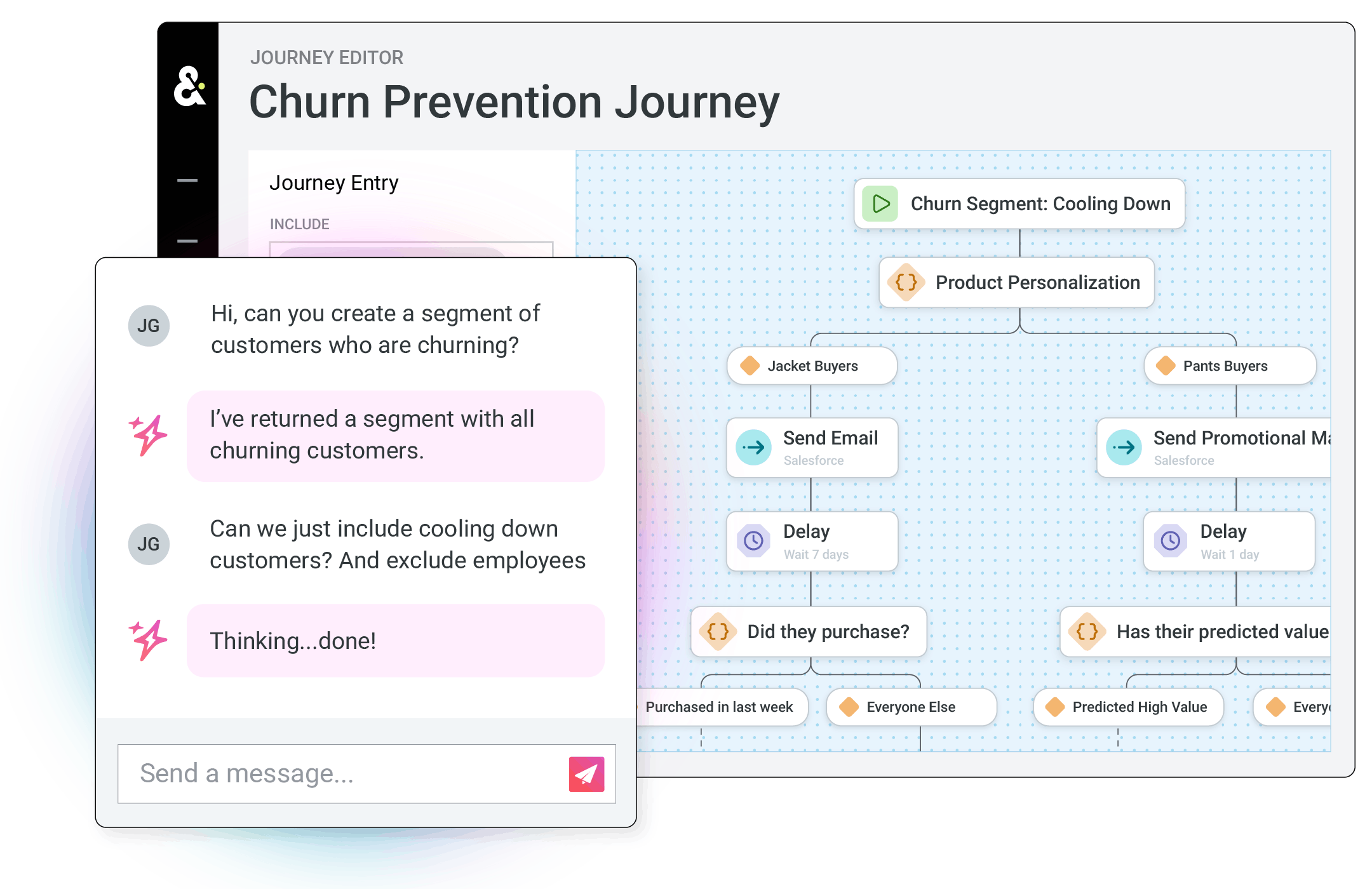 Segments AI chatbox overlaid on top of Journeys Canvas titled "Churn Prevention Journey"