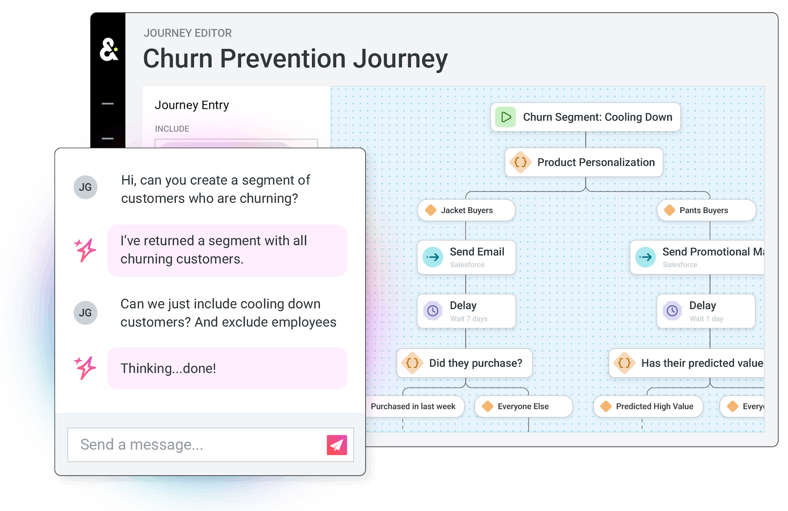 Segments AI chatbox overlaid on top of Journeys Canvas titled "Churn Prevention Journey"