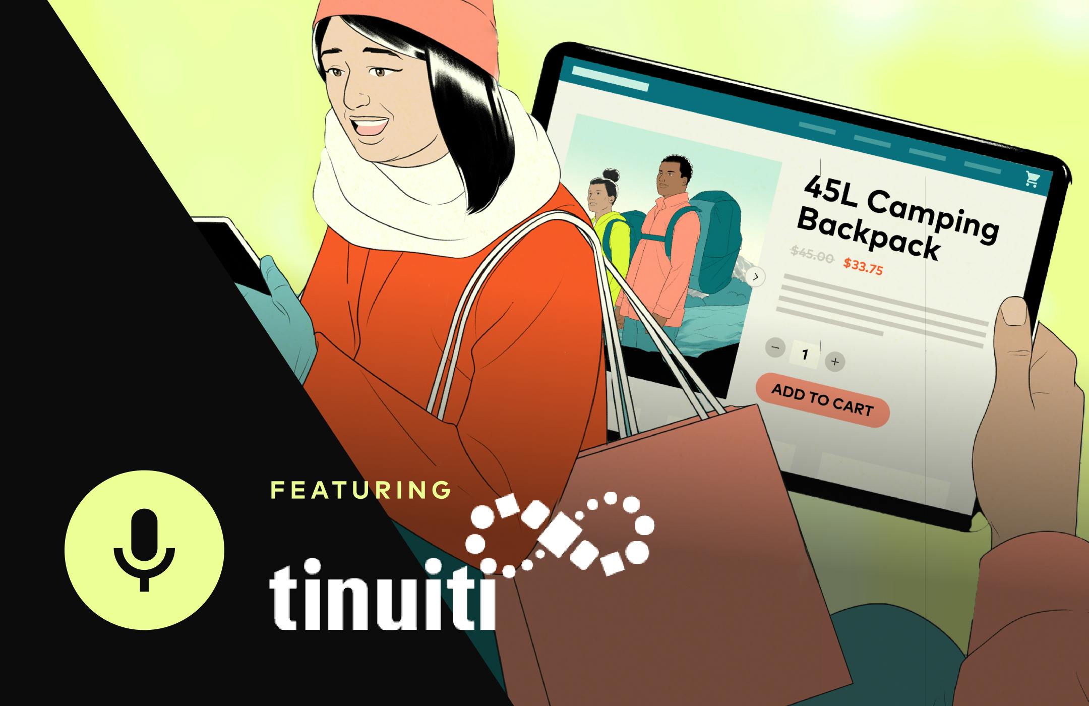 Illustration of woman looking at her tablet screen, showing a 45L camping backpack, overlaid with text " featuring Tinuiti"