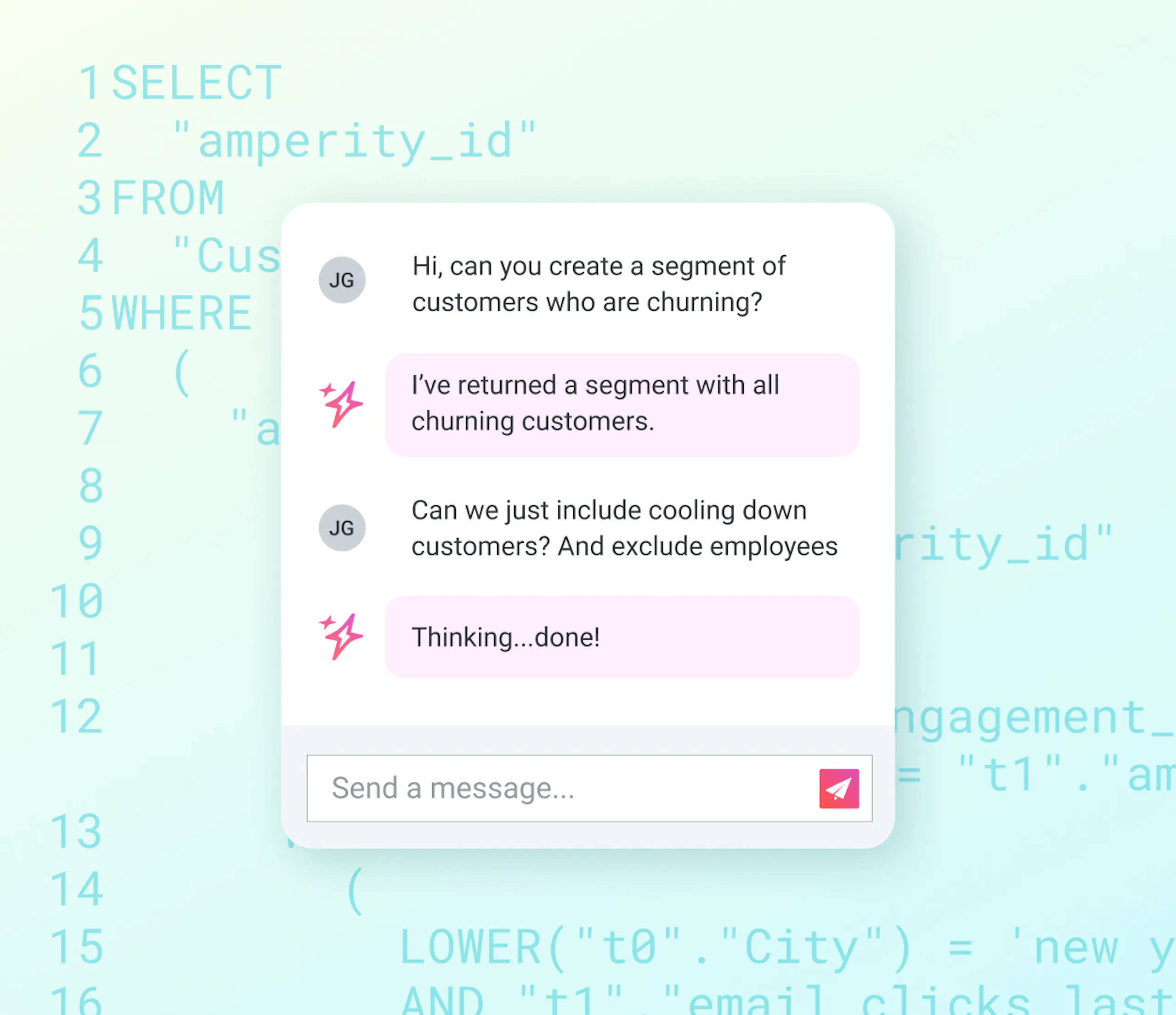 Modal showing a chat with Amp AI Assistant; the user is asking to create a segment of customers who are churning.