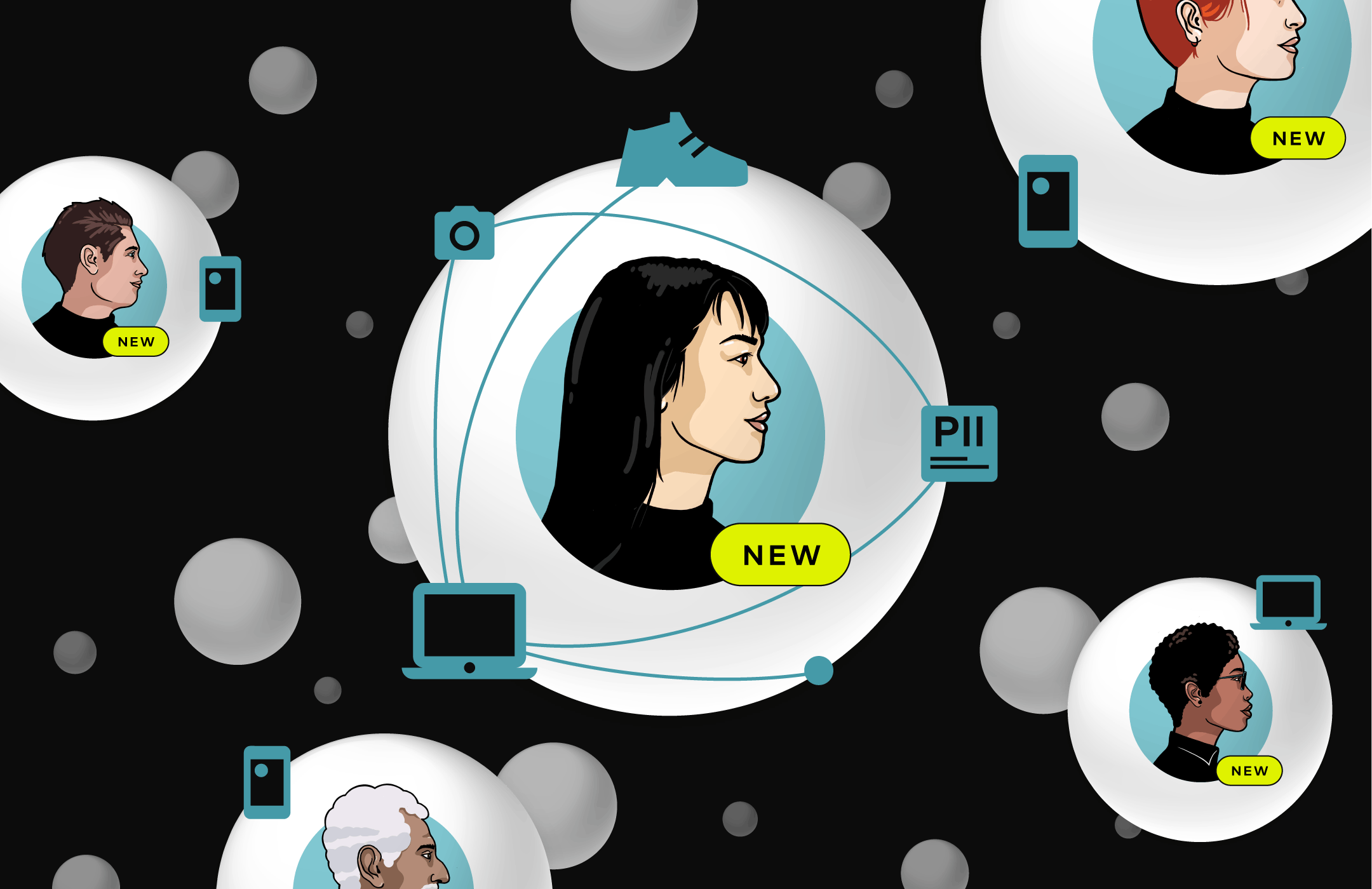 Graphic of people in bubbles using technology.