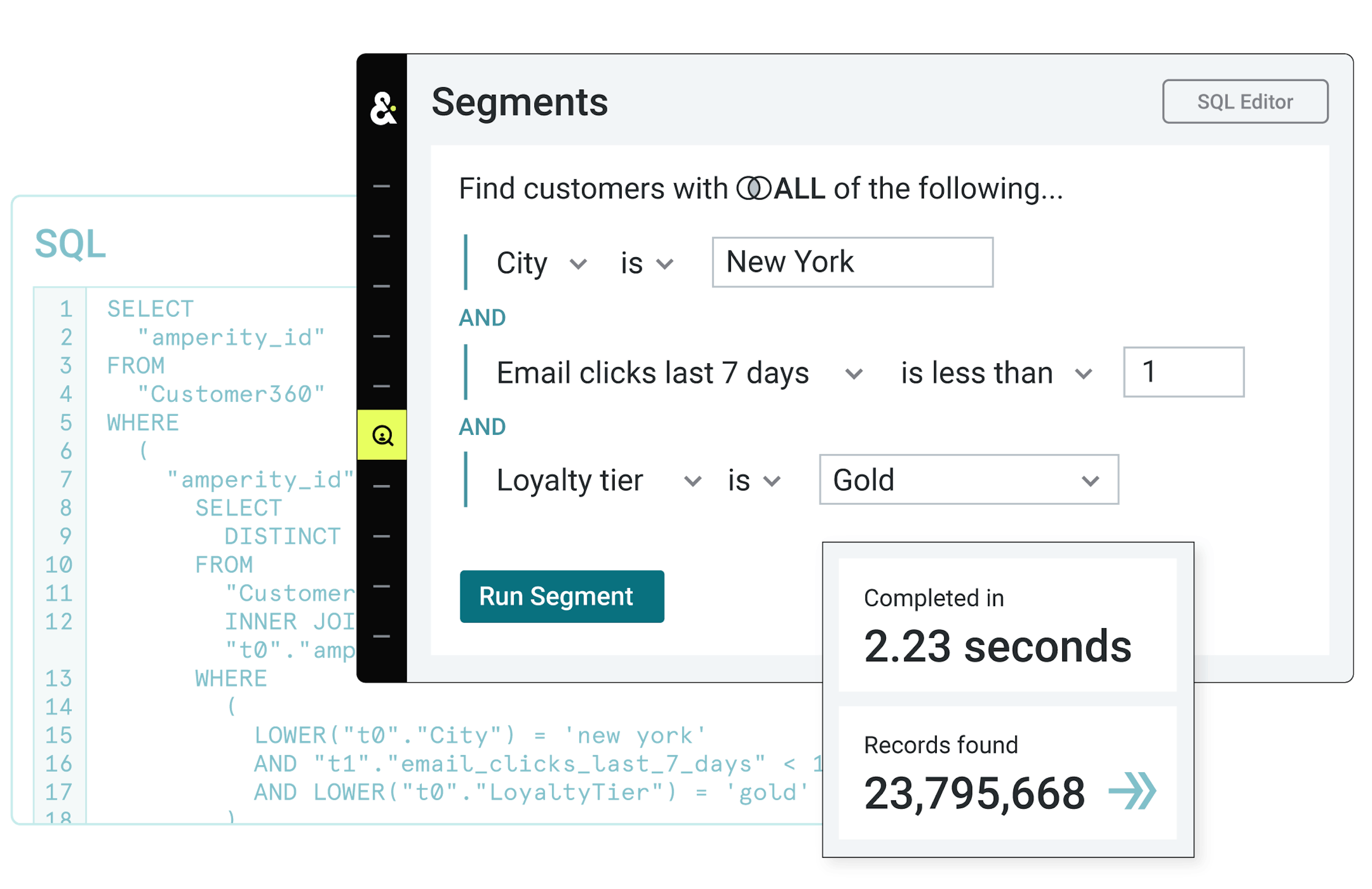 Product shot showing our visual segment editor as well as the SQL engine