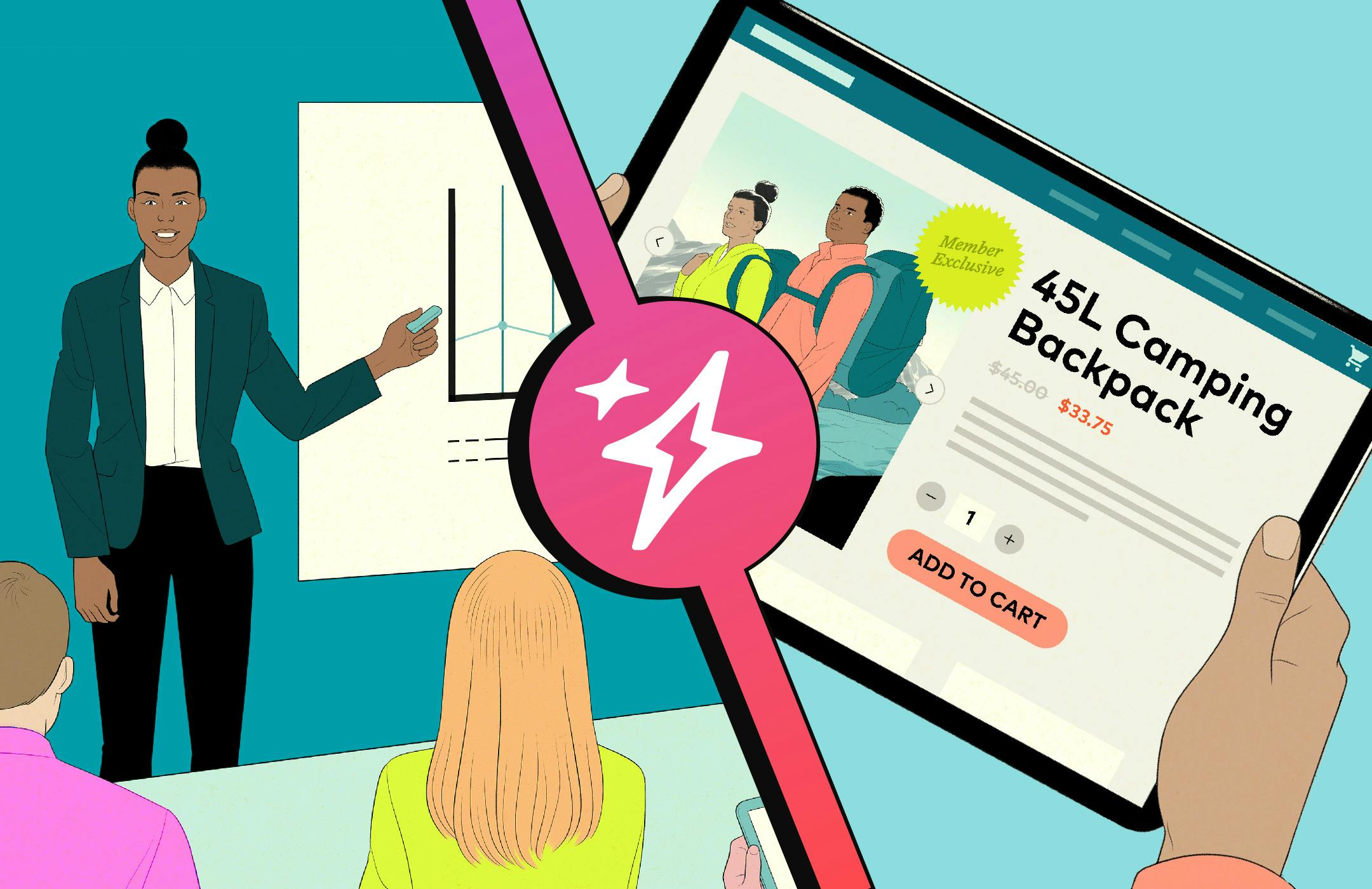 A splitscreen image with marketers planning strategy on the left side and a shopper engaging with a tablet on the right side. The line splitting the image is a purple AI sparkle (actually Amperity's version, the lightning sparkle or "larkle"), indicating that AI is the mediating layer between brands and customers.