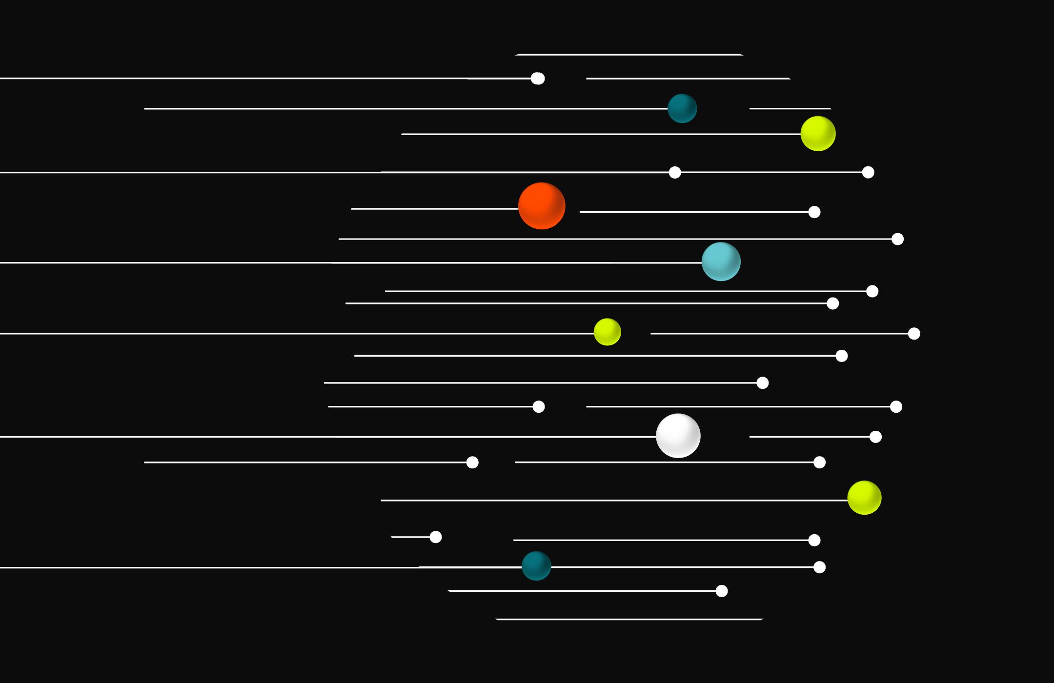 Red, yellow, teal, and white spheres and lines indicating motion towards the right on a black background.