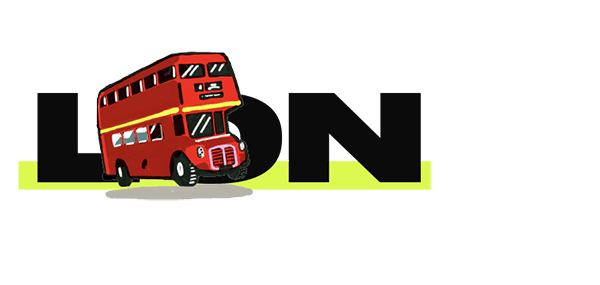 A red double decker bus in front of blocky letters spelling "LON"