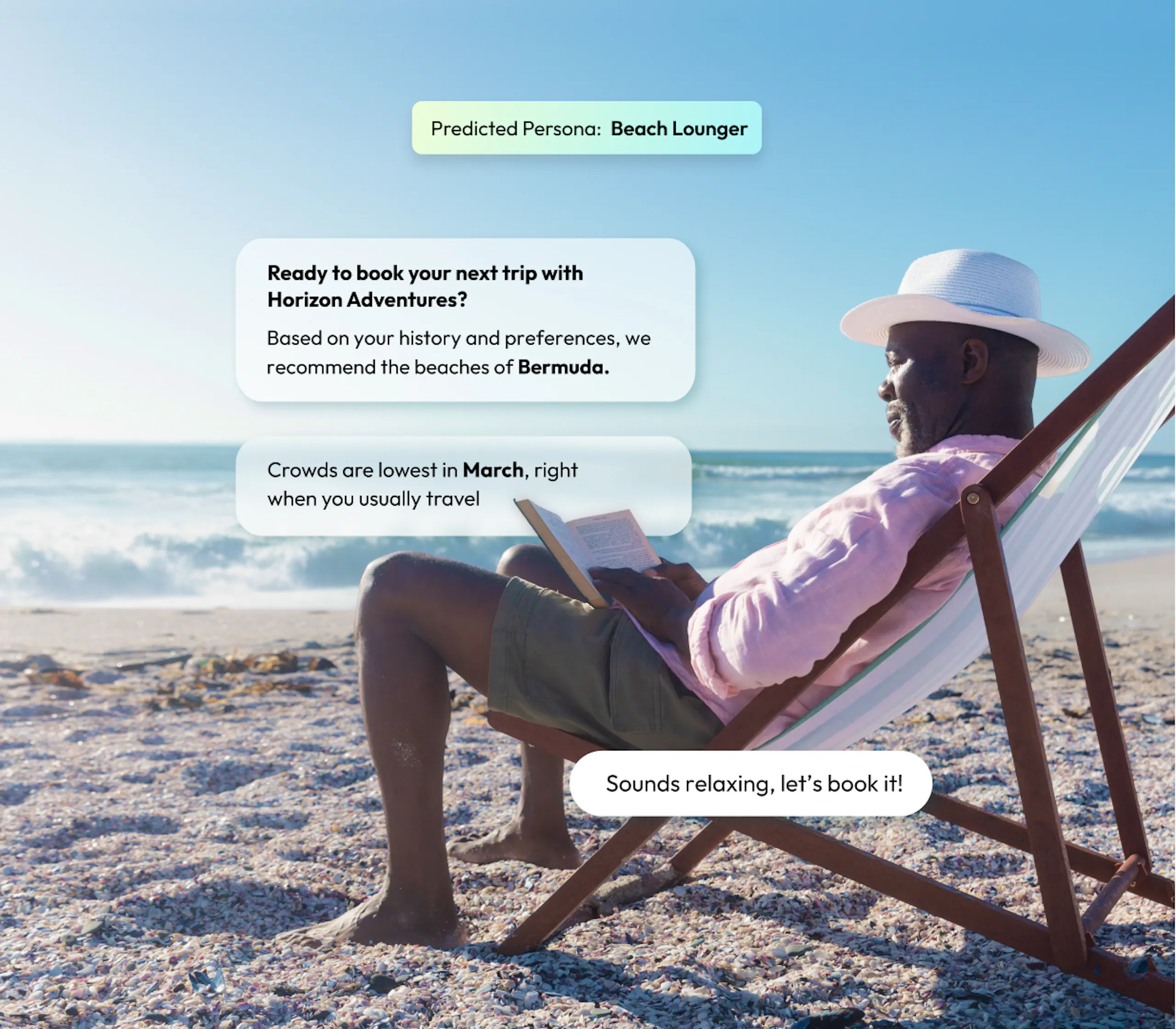 A man is relaxing on a beach reading a book. In the background, a digital concierge in a chat window recommends booking a trip to Bermuda based on his previous preferences and actions.