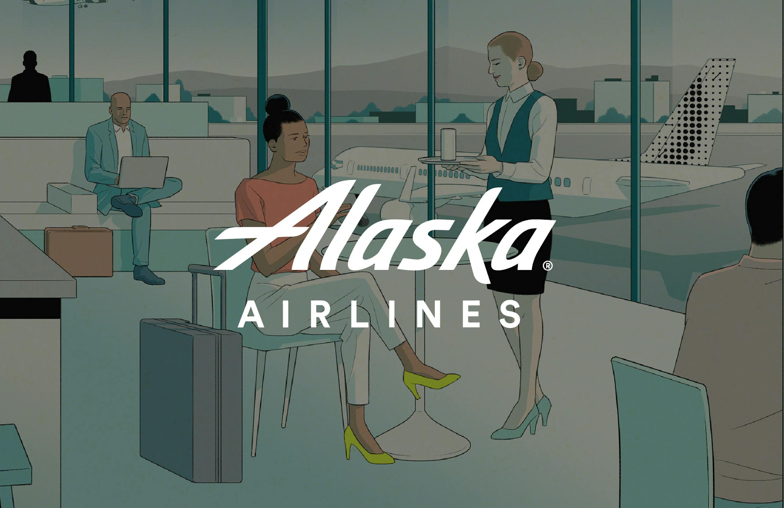 image of Alaska Airlines logo overlaid on a illustration of passengers being waited on in an airline lounge.