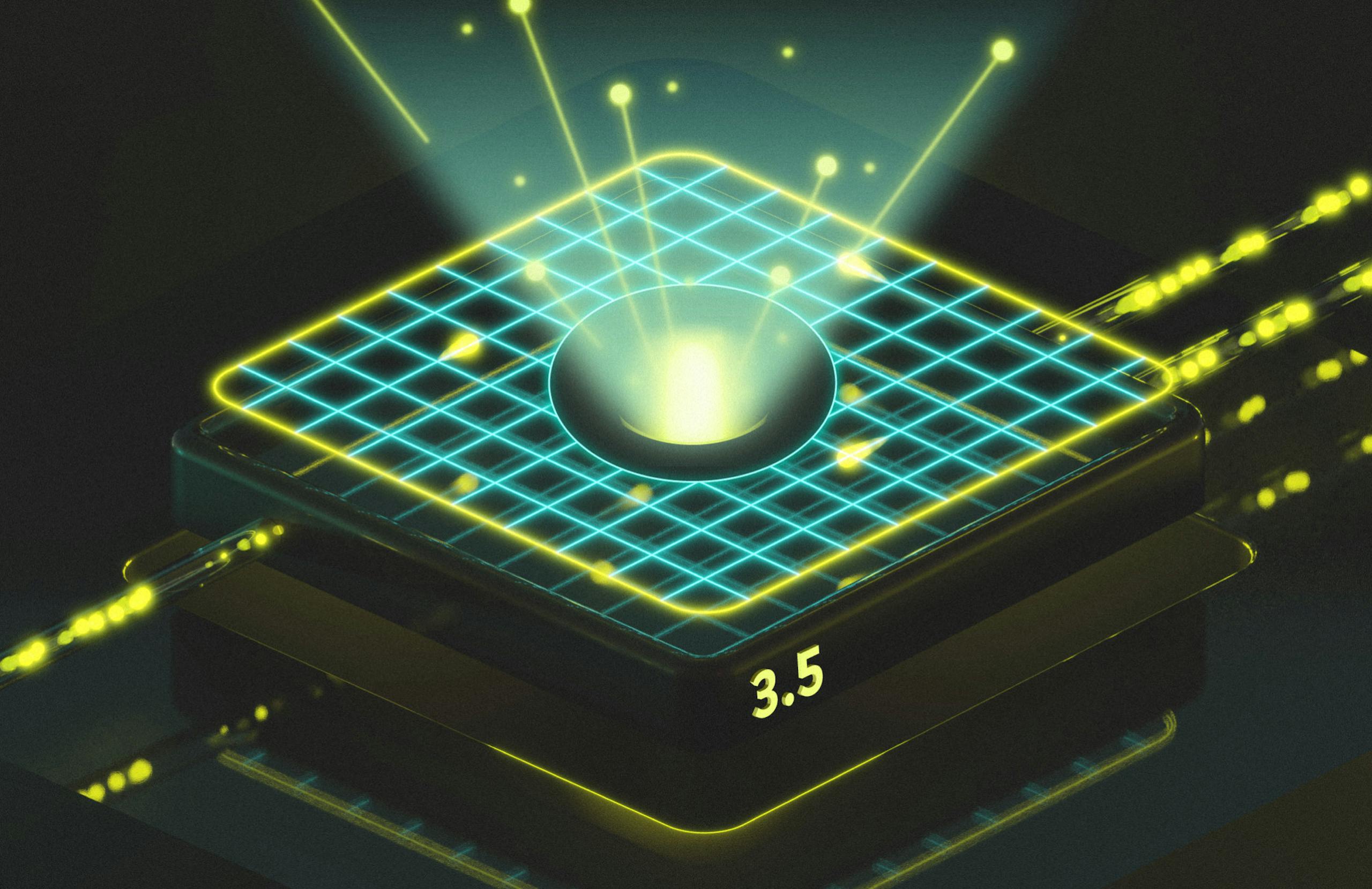 Graphic of light beaming from neon teal grid with words "3.5"