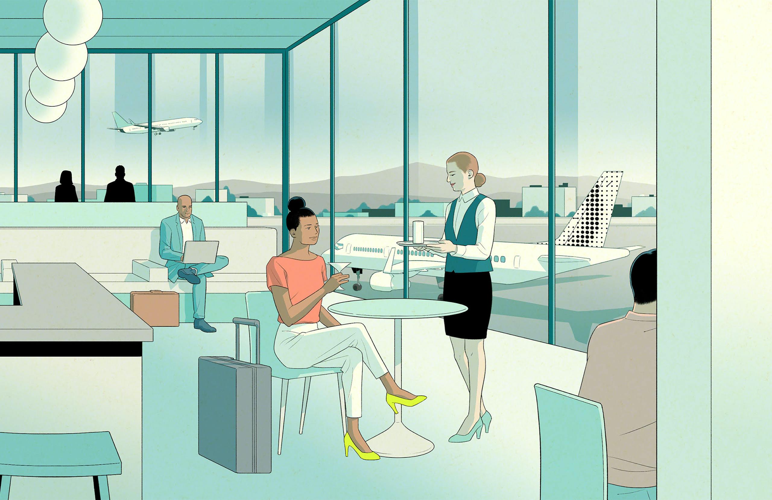 A traveler is served a drink in an airport lounge. The impression from the traveler's easy posture and happy demeanor is of a seamless experience where the traveler's expectations for a tailored experience are met. 