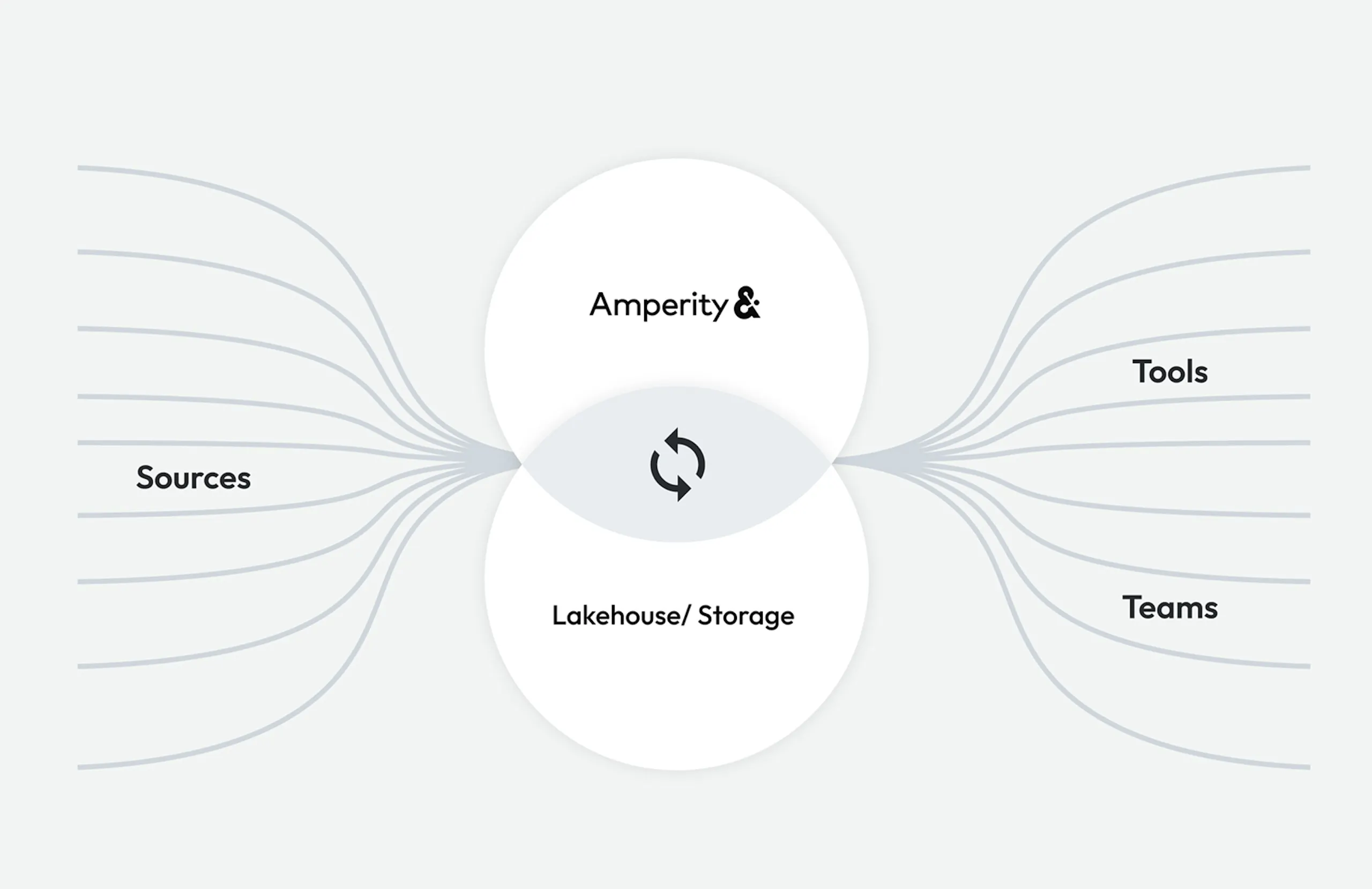 A diagram showing the data pipelines flowing from sources into Amperity that's synced to Lakehouses, then into tools and teams.