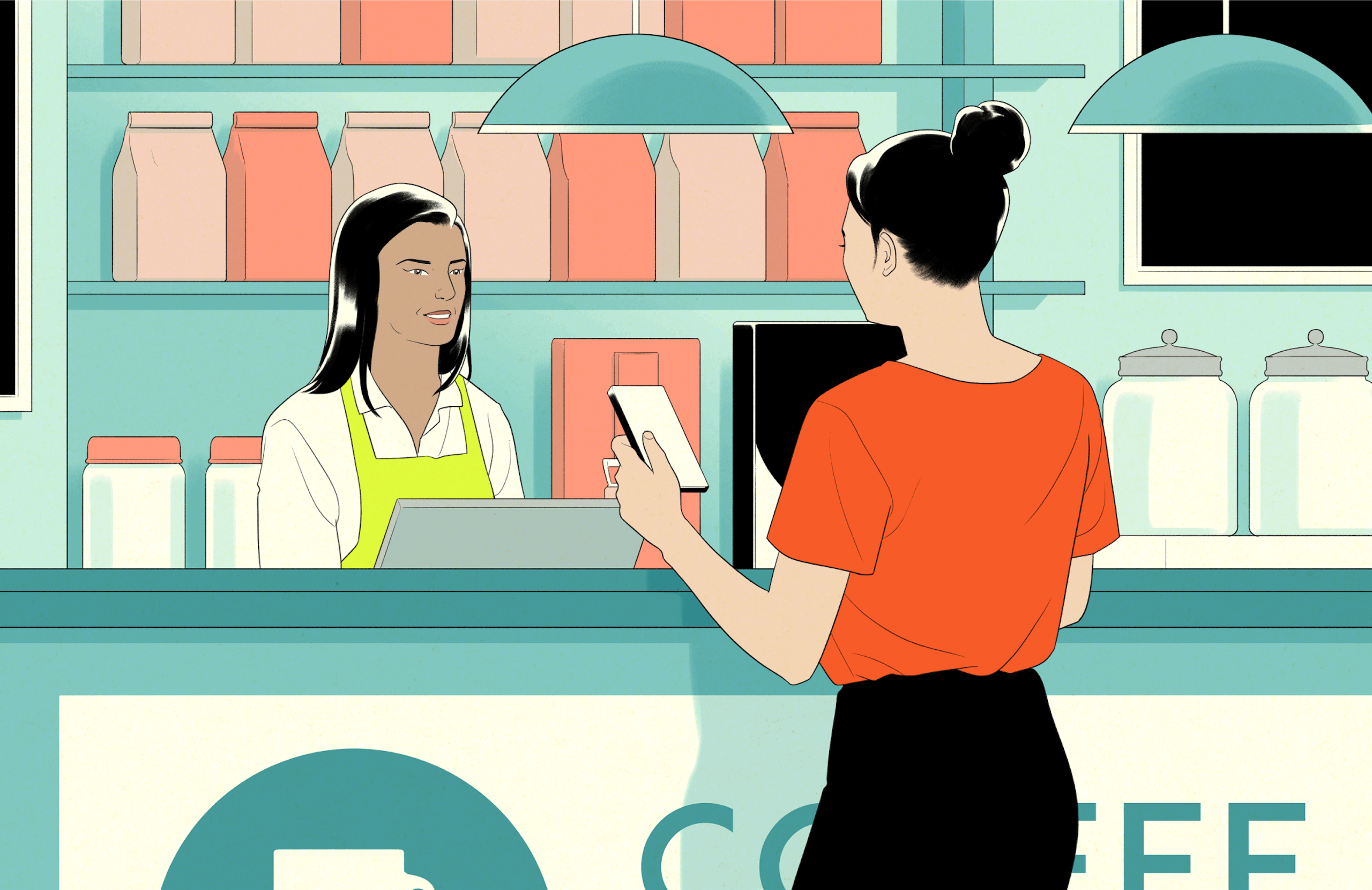 Illustration of woman at a coffee shop checkout counter interacting with barista