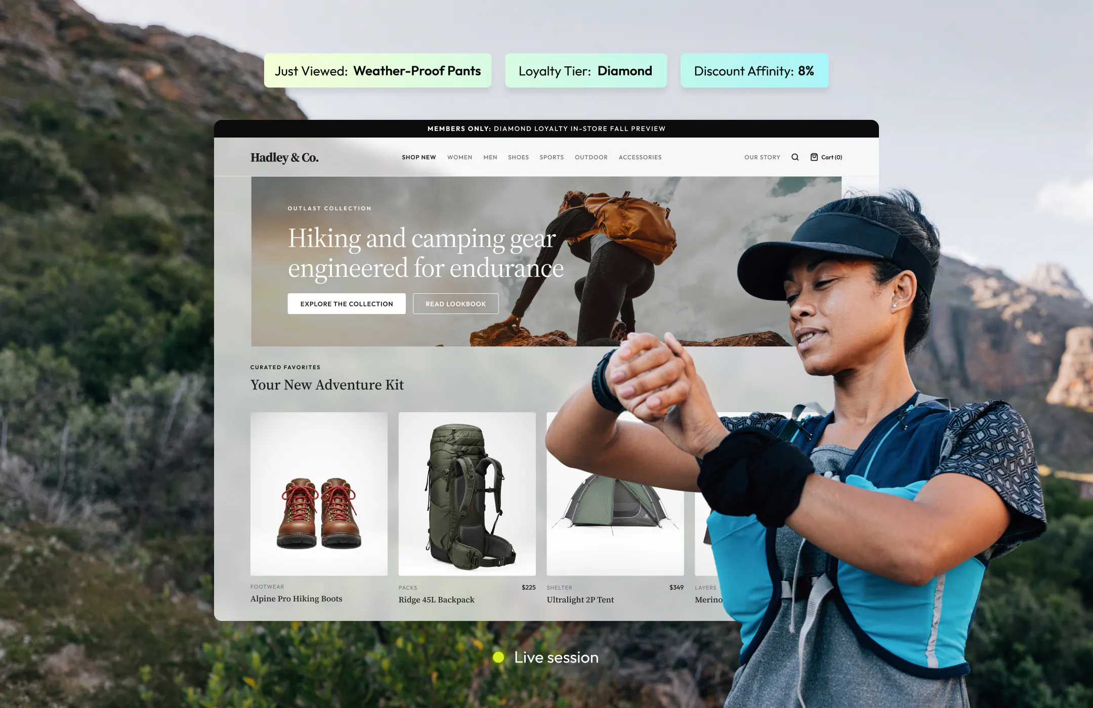 Runner in the mountains looking at her watch. A floating screen behind her shows the site of an outdoor retailer.