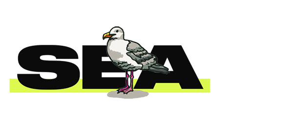 A seagull standing in front of blocky letters spelling "SEA"