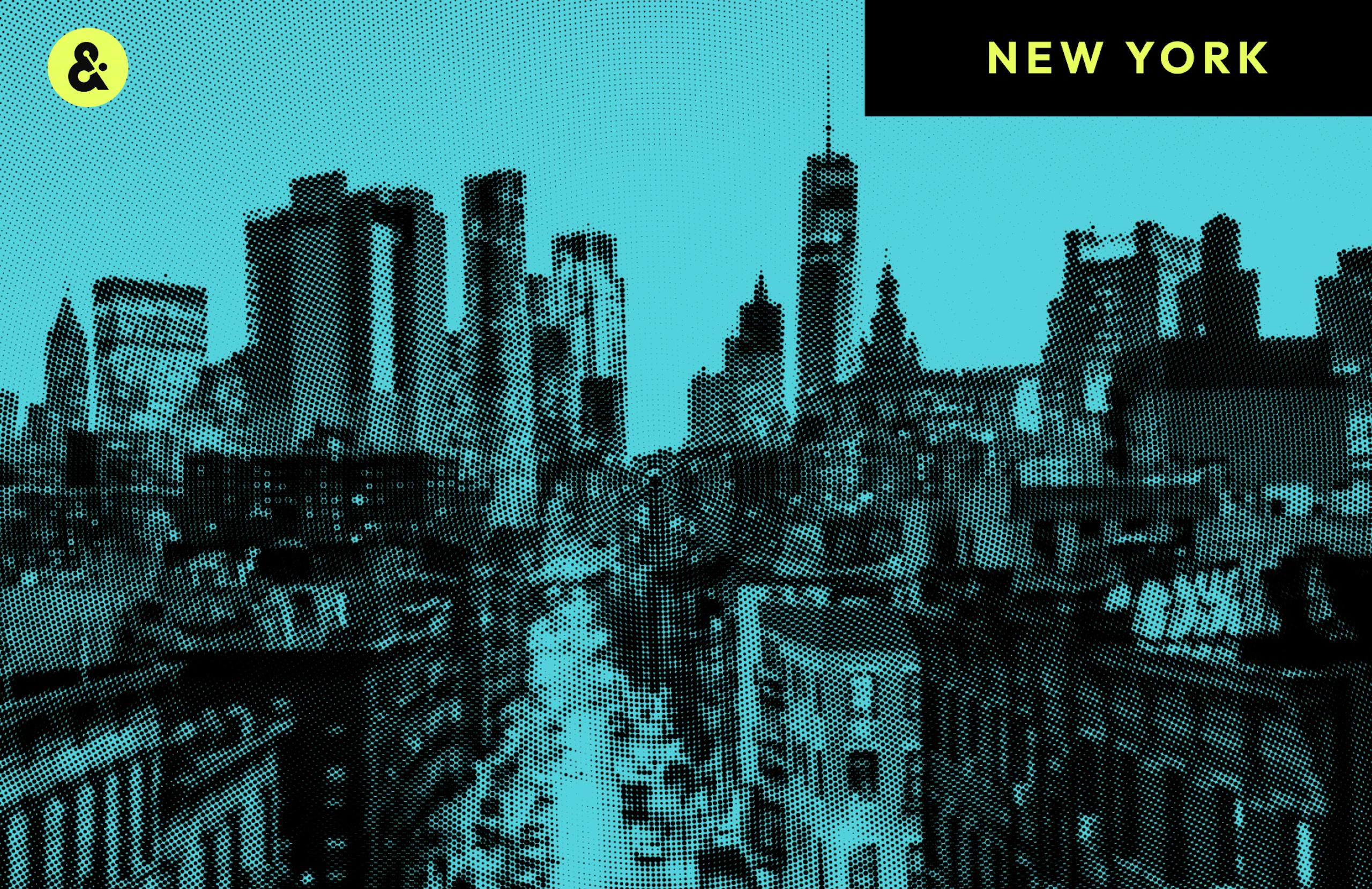New York City cityscape overlaid with teal datawave pattern