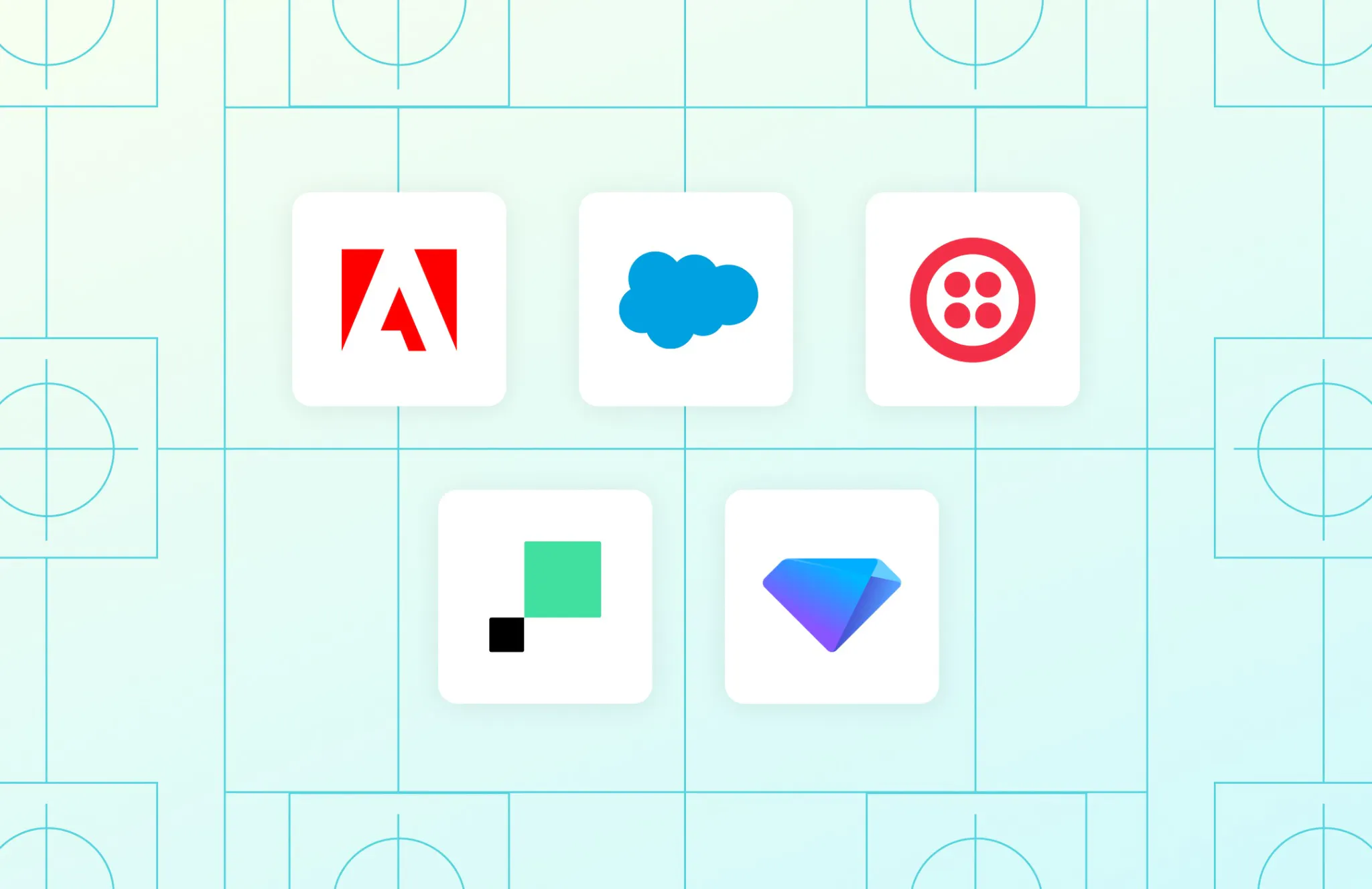 Logos for Adobe, Salesforce, Twilio, Hightouch, and Treasure AI arranged on a light blue geometric background.