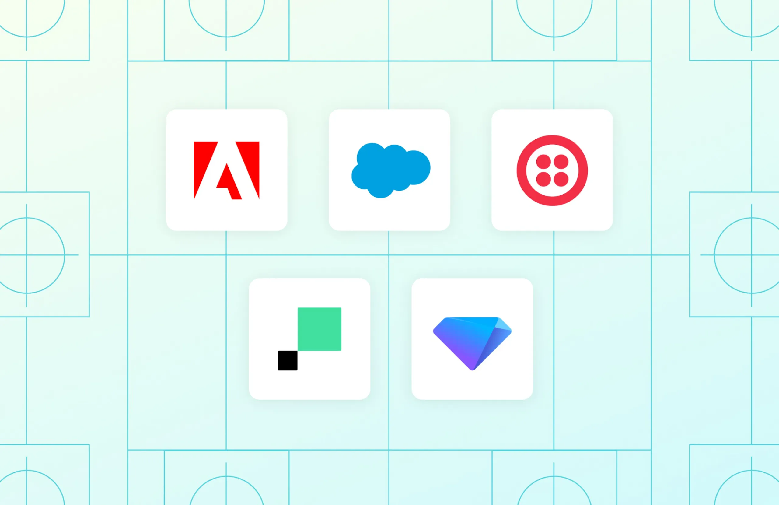Logos for Adobe, Salesforce, Twilio, Hightouch, and Treasure AI arranged on a light blue geometric background.