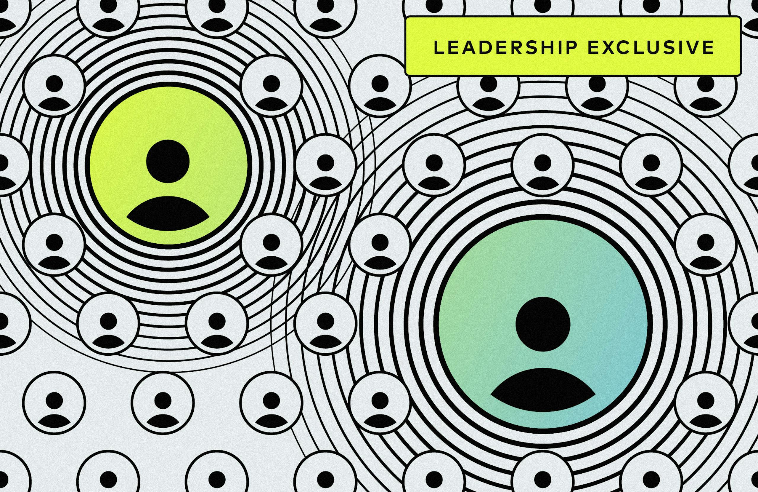 Two large user icons among smaller floating user icons with label "Leadership Exclusive"